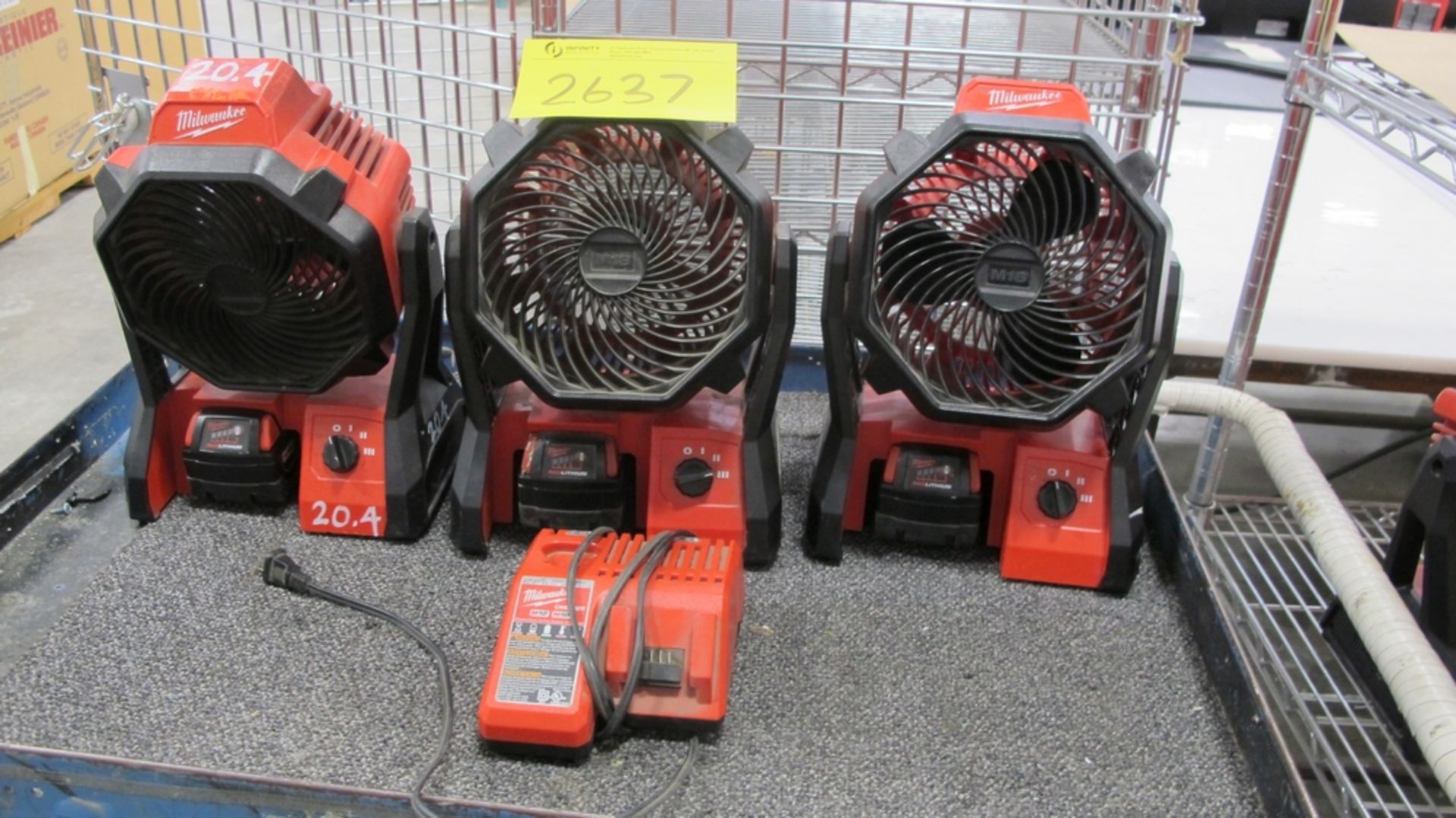 LOT OF 3 MILWAUKEE M18 PORTABLE FANS W/BATTERIES AND CHARGER (400 SOUTH GATE DRIVE GUELPH)