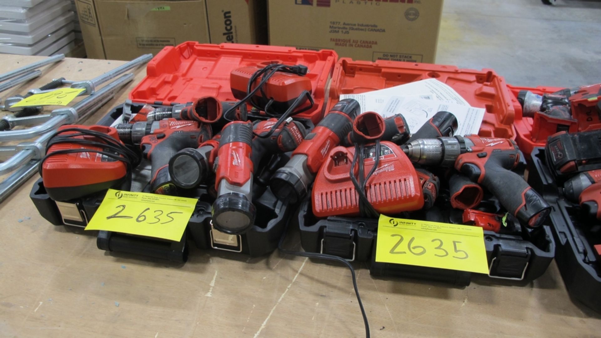 LOT OF 2 MILWAUKEE M12 DRIVER KITS W/CHARGERS, BATTERIES, DRIVERS, LIGHTS AND HEX KEY DRIVERS (400