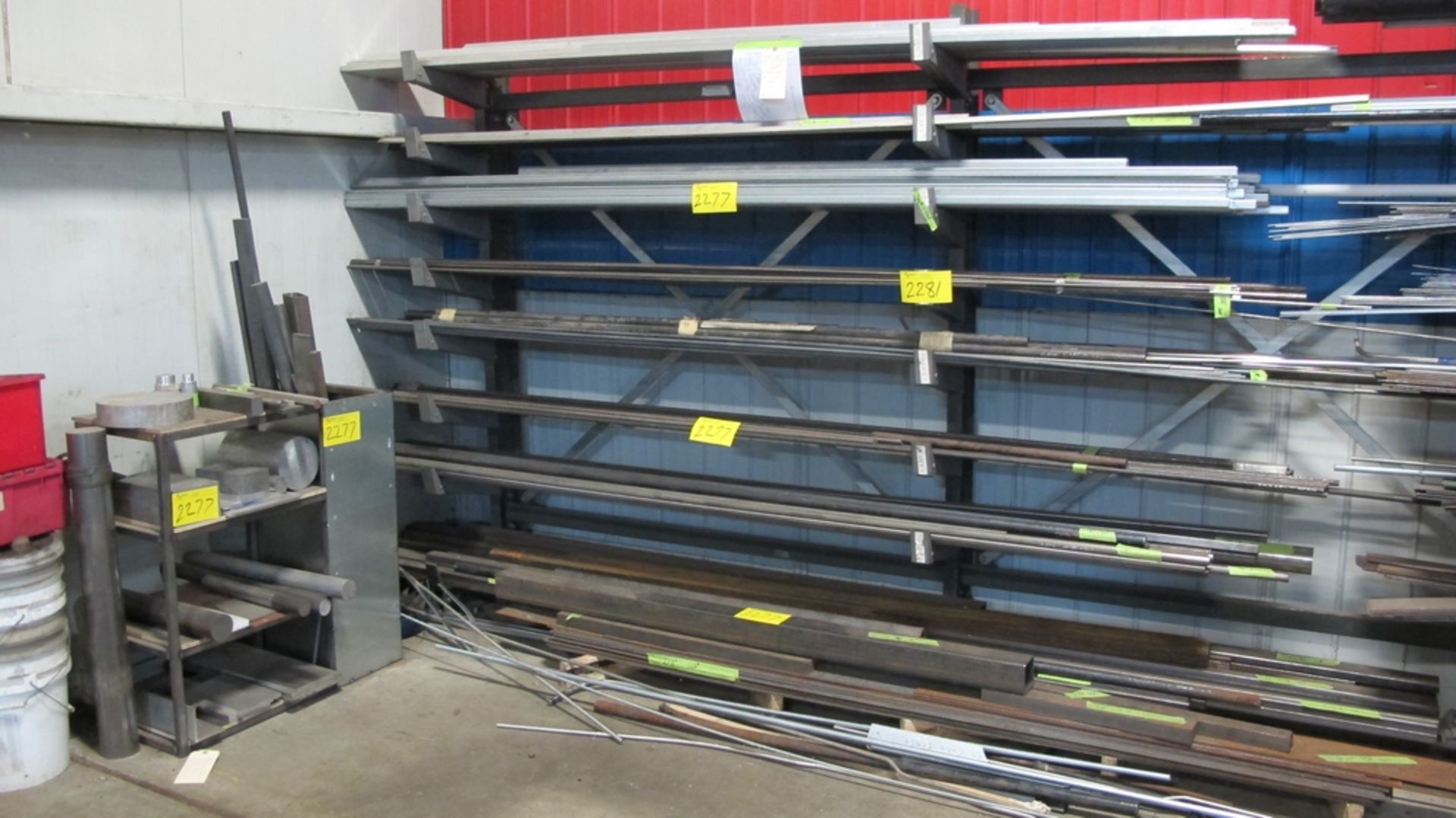 LOT OF RACK W/METAL STOCK AND CUTOFFS, CONTENTS OF 1 SECTION OF RACKING (8 LEVELS), BAR TUBE