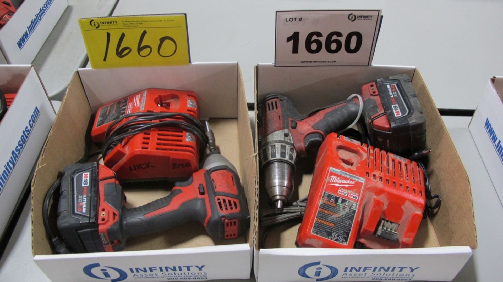 LOT OF MILWAUKEE M18 VOLT/DRIVES, CHARGERS, IMPACT, LAMPS (2 BOXES) (100 SHIRLEY AVE KITCHENER)