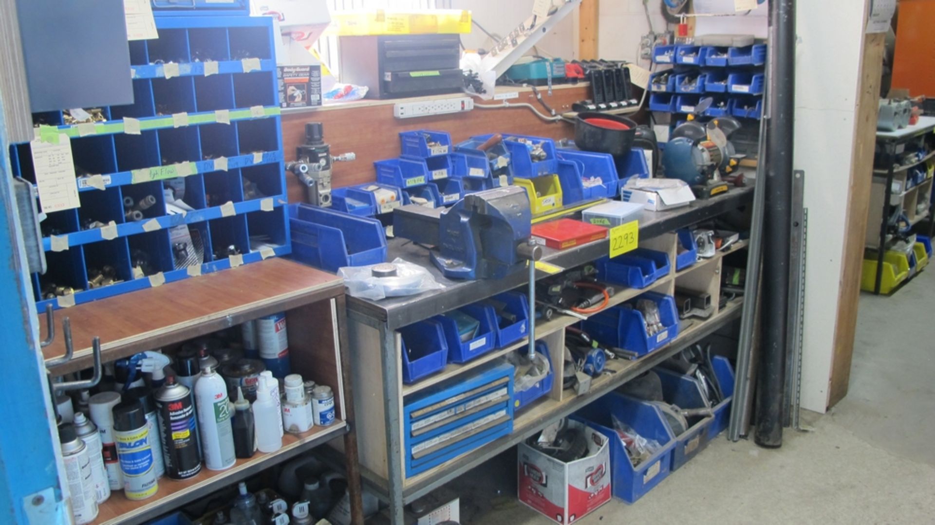 LOT OF CONTENTS OF MAINTENANCE INCLUDING BENCH W/GRINDER/VISE, BRASS FITTINGS, CABINETS, HEATER
