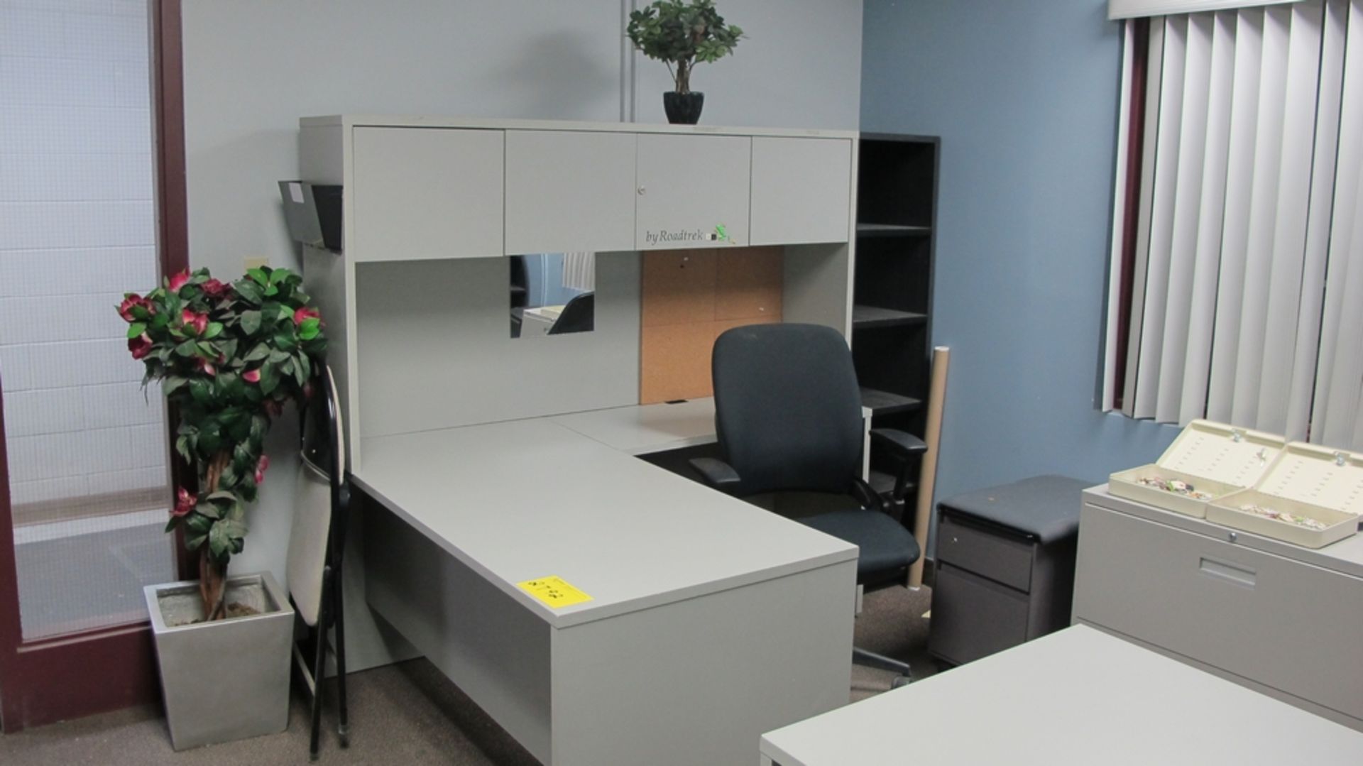 LOT OF 2 L SHAPED WORK STATIONS, 2 CHAIRS, FOLDING TABLE, 2 FILE CABINETS, BOOKCASE AND ARTIFICIAL - Image 2 of 3