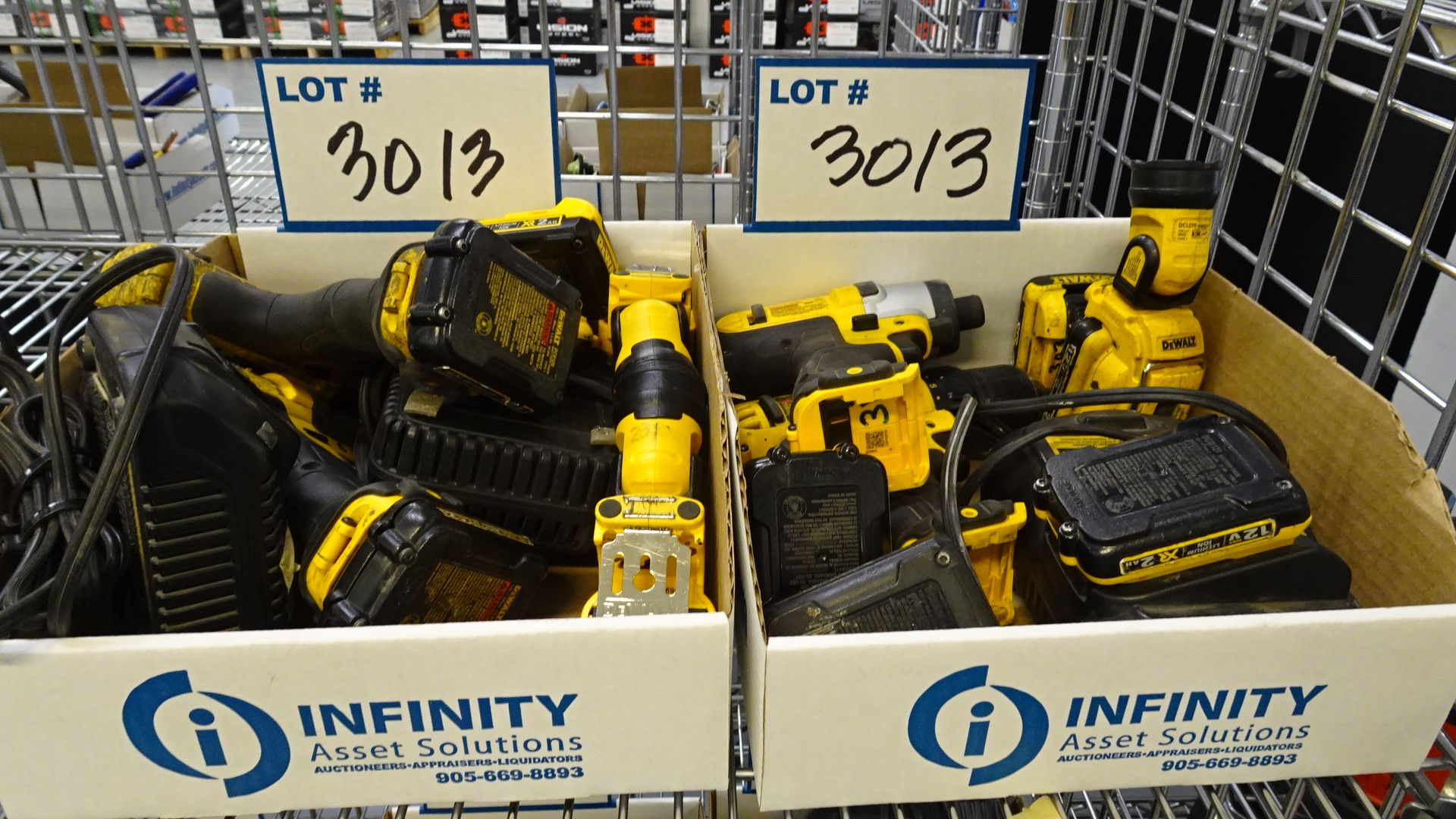 LOT ASST. DEWALT POWER TOOLS, HAMMER DRILLS, IMPACT GUNS, BATTERIES, CHARGERS, ETC. (2 BOXES) (