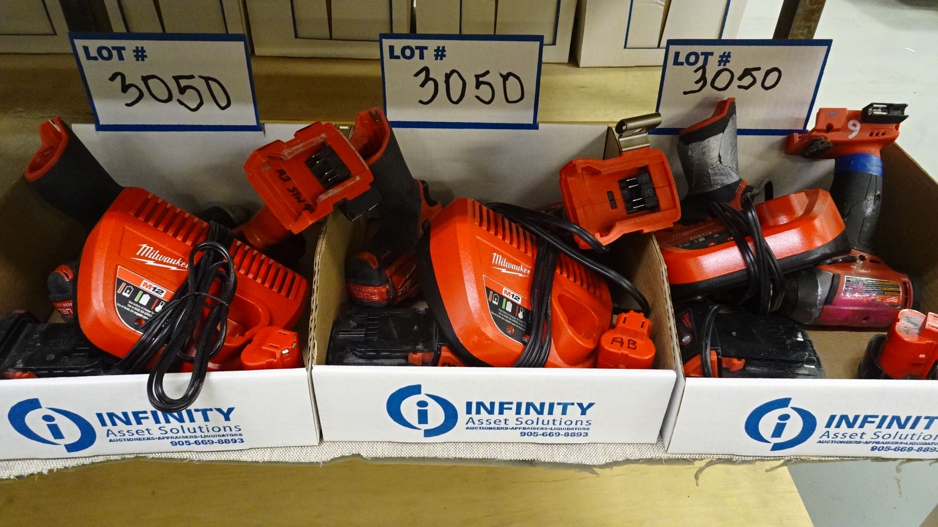 LOT ASST. MILWAUKEE 12V & 18V POWER TOOLS W/ BATTERIES AND CHARGERS (3 BOXES) (REUTER)