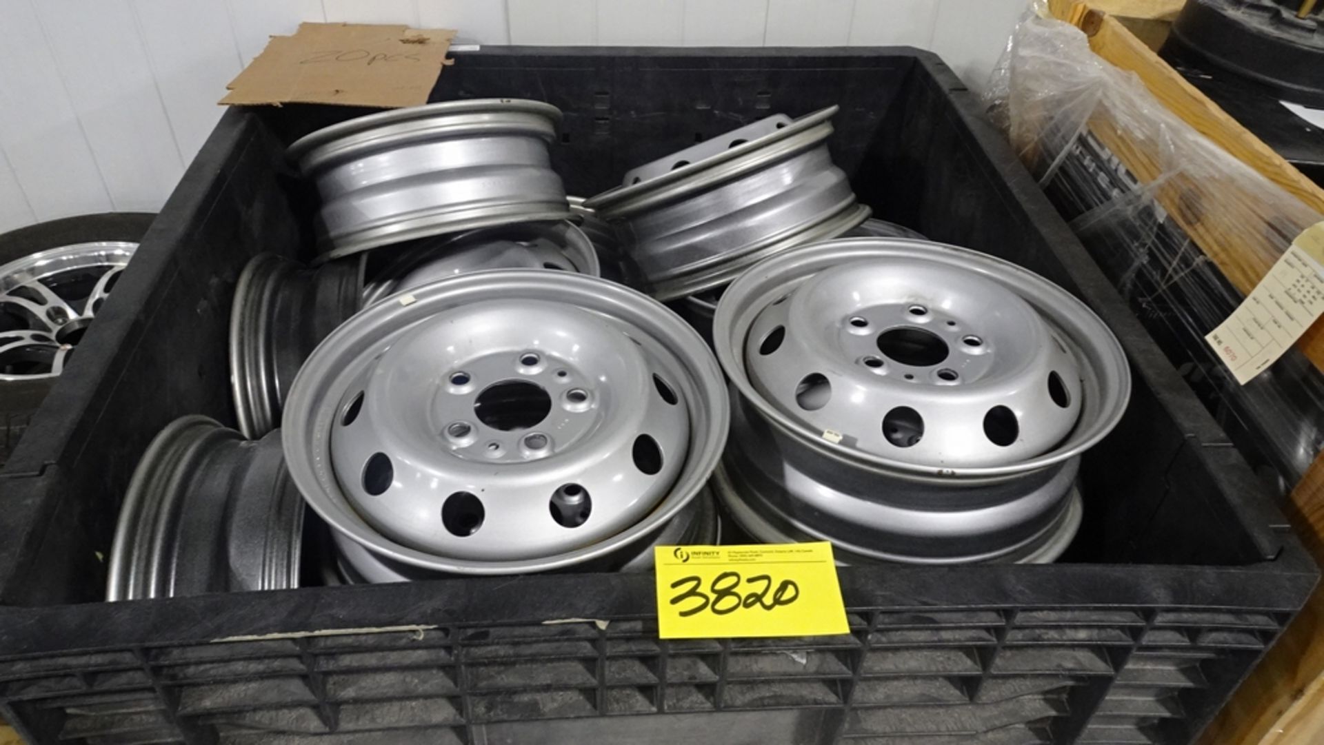 LOT 16" RIMS (20PCS), 5-BOLT PATTERN AND COLLAPSABLE PLASTIC TOTE (REUTER)