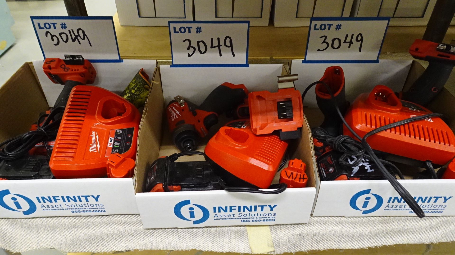 LOT ASST. MILWAUKEE 12V & 18V POWER TOOLS W/ BATTERIES AND CHARGERS (3 BOXES) (REUTER)