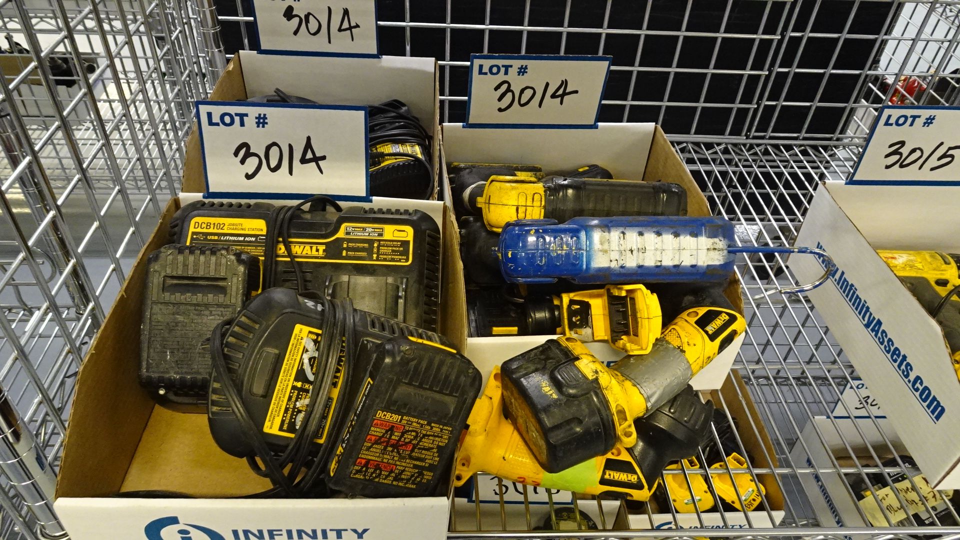 LOT ASST. DEWALT POWER TOOLS, HAMMER DRILLS, IMPACT GUNS, BATTERIES, CHARGERS, ETC. (2 BOXES) (