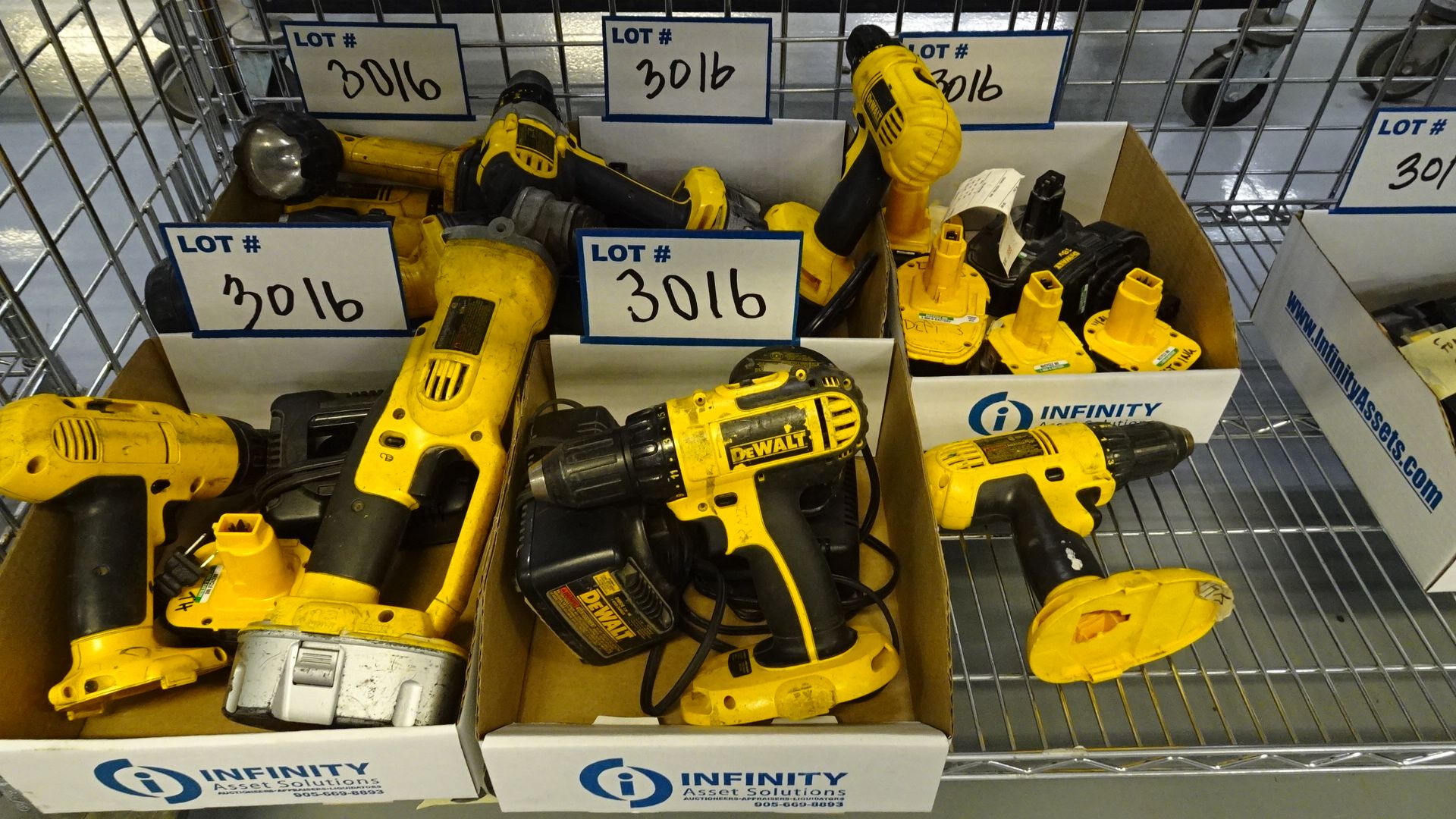 LOT ASST. DEWALT POWER TOOLS, HAMMER DRILLS, IMPACT GUNS, BATTERIES, CHARGERS, ETC. (5 BOXES) (