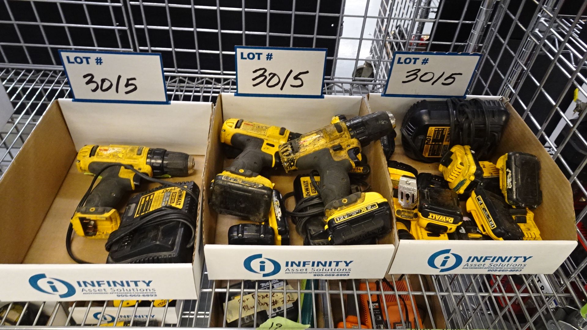 LOT ASST. DEWALT POWER TOOLS, HAMMER DRILLS, IMPACT GUNS, BATTERIES, CHARGERS, ETC. (3 BOXES) (