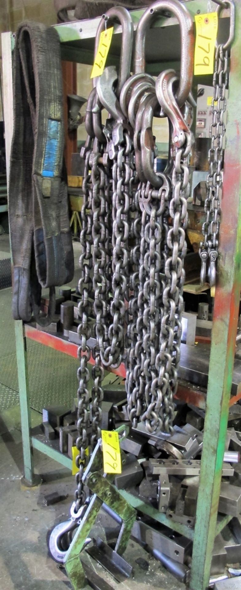 LOT OF ASST. LIFTING CHAINS, SLINGS, CLAMP, ETC.