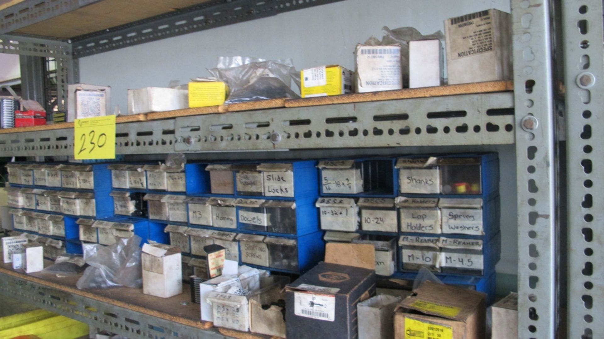 LOT OF (2) SECTIONS OF METAL SHELVING W/ CONTENTS, SHANKS, RADIUS GAUGES, FITTINGS, HARDWARE, ETC. - Image 6 of 8