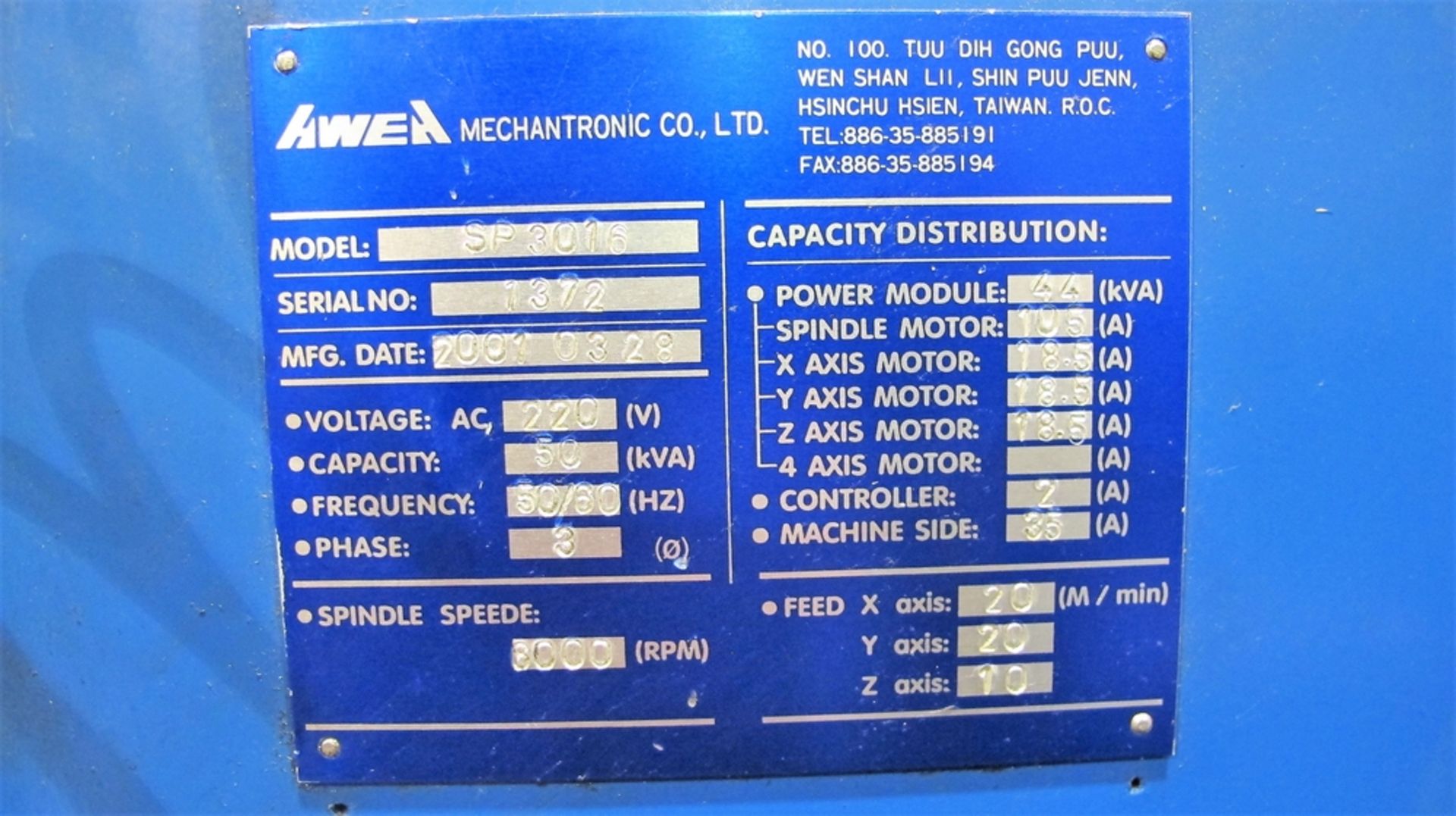 2001 AWEA SP3016 CNC BRIDGE TYPE VERTICAL MACHINING CENTER, 6,000 RPM, 59" X 128" TABLE, 63" BETWEEN - Image 15 of 16