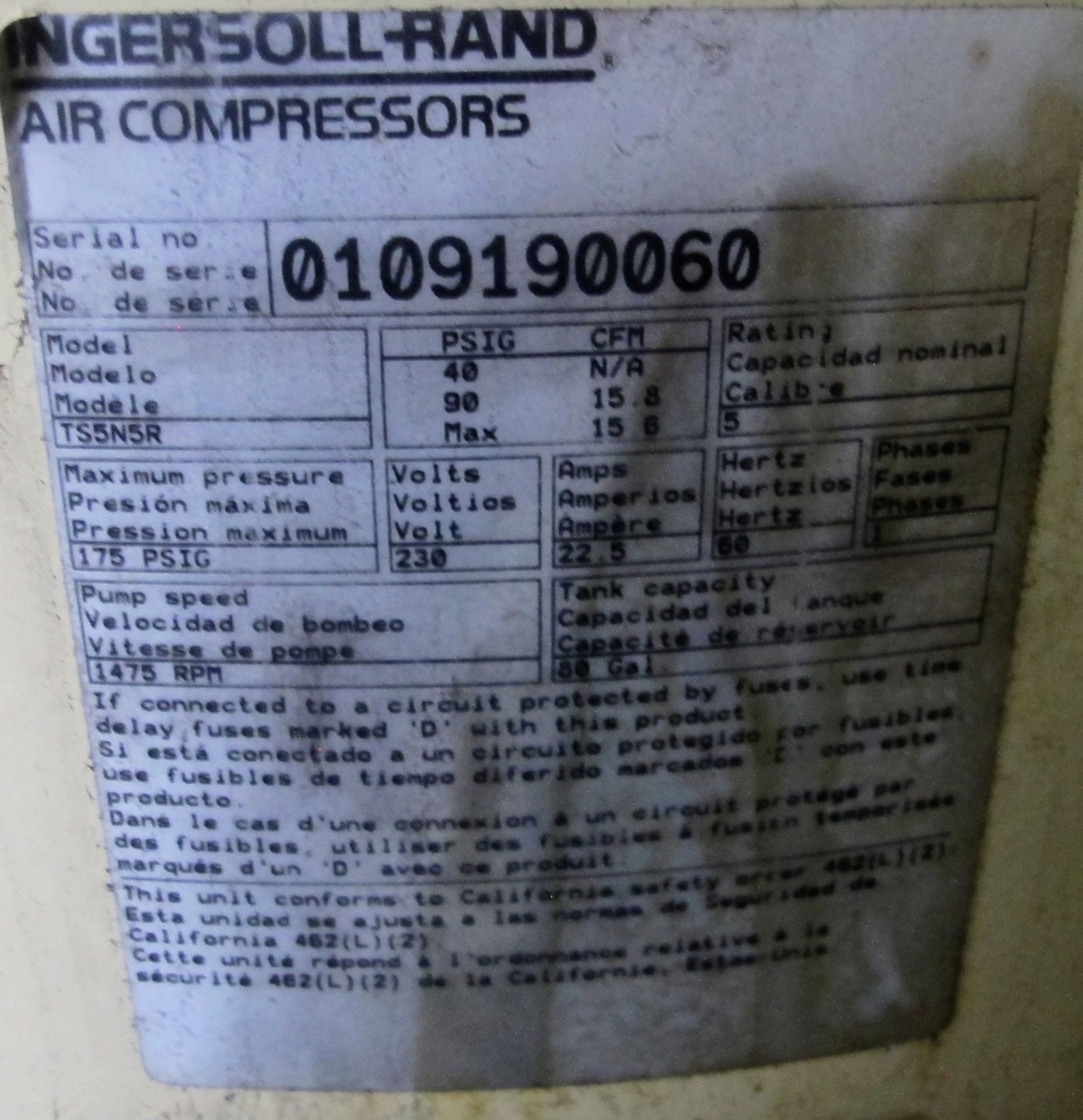 INGERSOLL-RAND TS5N52 AIR COMPRESSOR, 11.8HP, 80GAL - Image 3 of 3