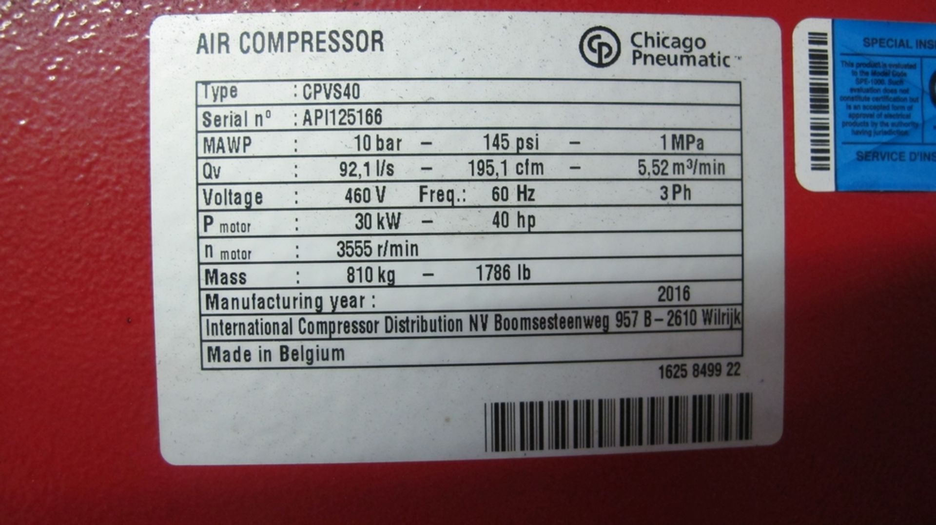 2016 CHICAGO PNEUMATIC CPVS40 ROTARY SCREW AIR COMPRESSOR, 40HP, S/N API125166 - Image 4 of 4