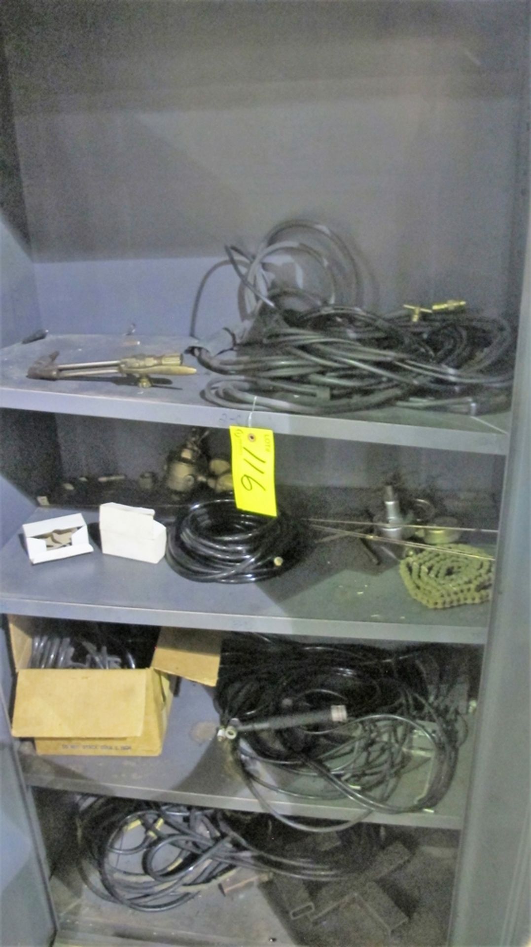 LOT OF ASST. WELDING SUPPLIES, RODS, WIRE, MASKS, REGULATORS, CABLES, METAL CABINET, ETC. - Image 2 of 2