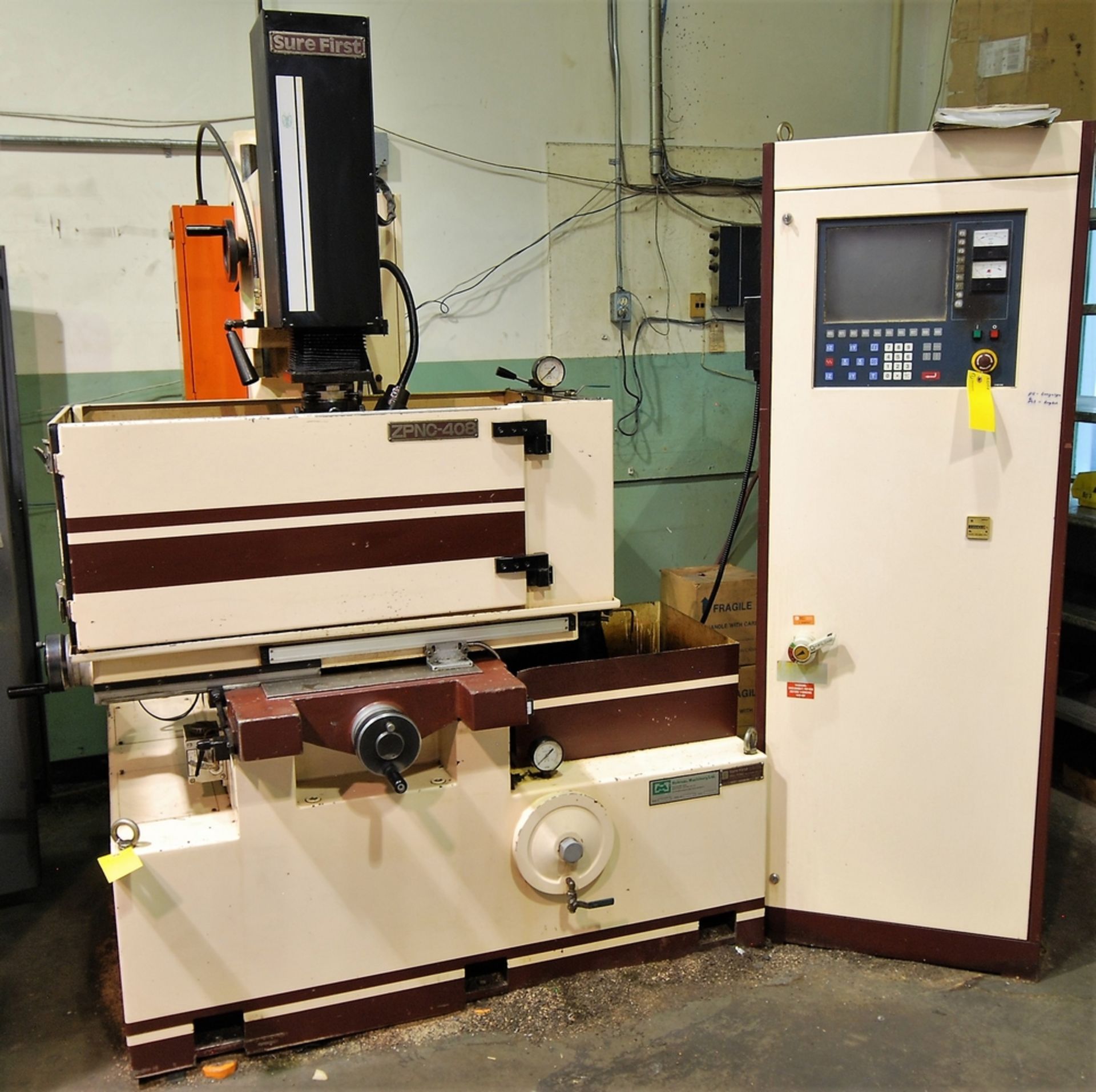 SURE FIRST ZPNC-408 SINKER TYPE EDM, CNC CONTROL, S/N 0042431, 27" X 16" TABLE, MAGNETIC SURFACE