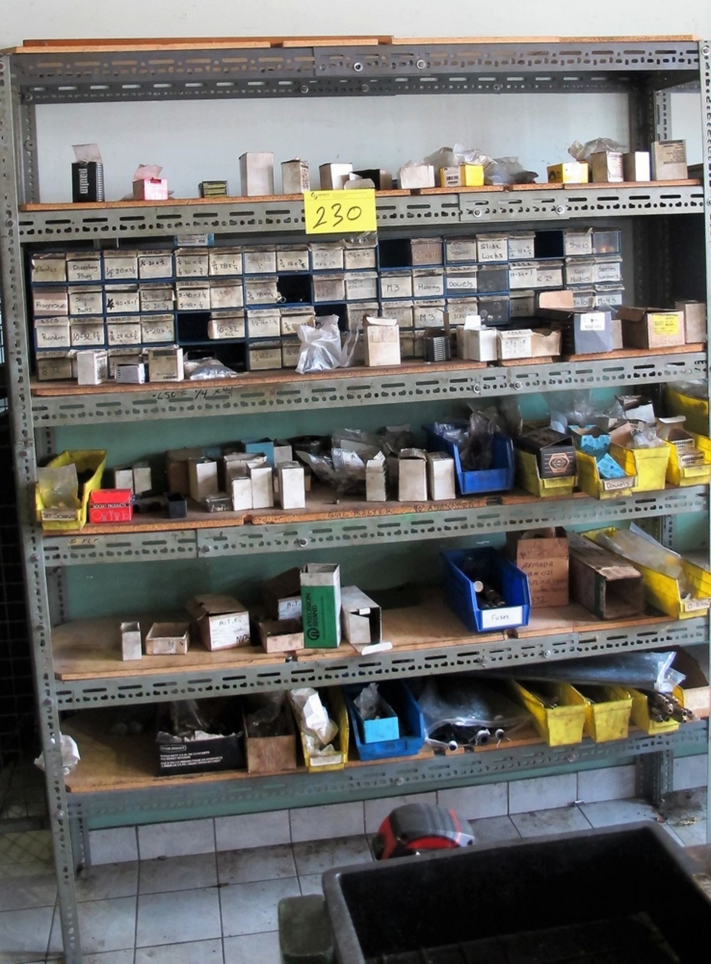 LOT OF (2) SECTIONS OF METAL SHELVING W/ CONTENTS, SHANKS, RADIUS GAUGES, FITTINGS, HARDWARE, ETC.