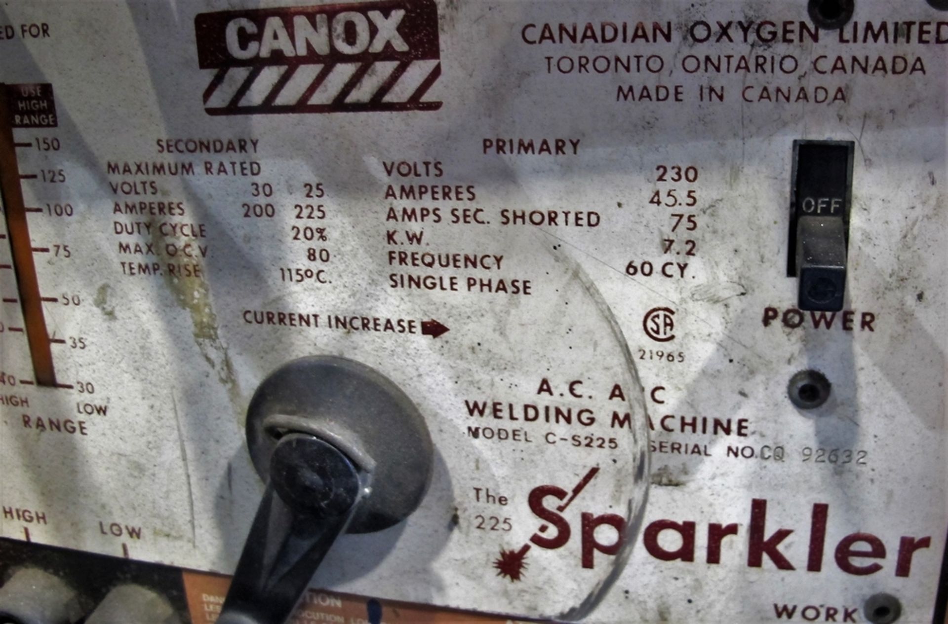 CANOX C-S225 WELDER W/ CABLES, GUN, S/N C092632 - Image 3 of 3