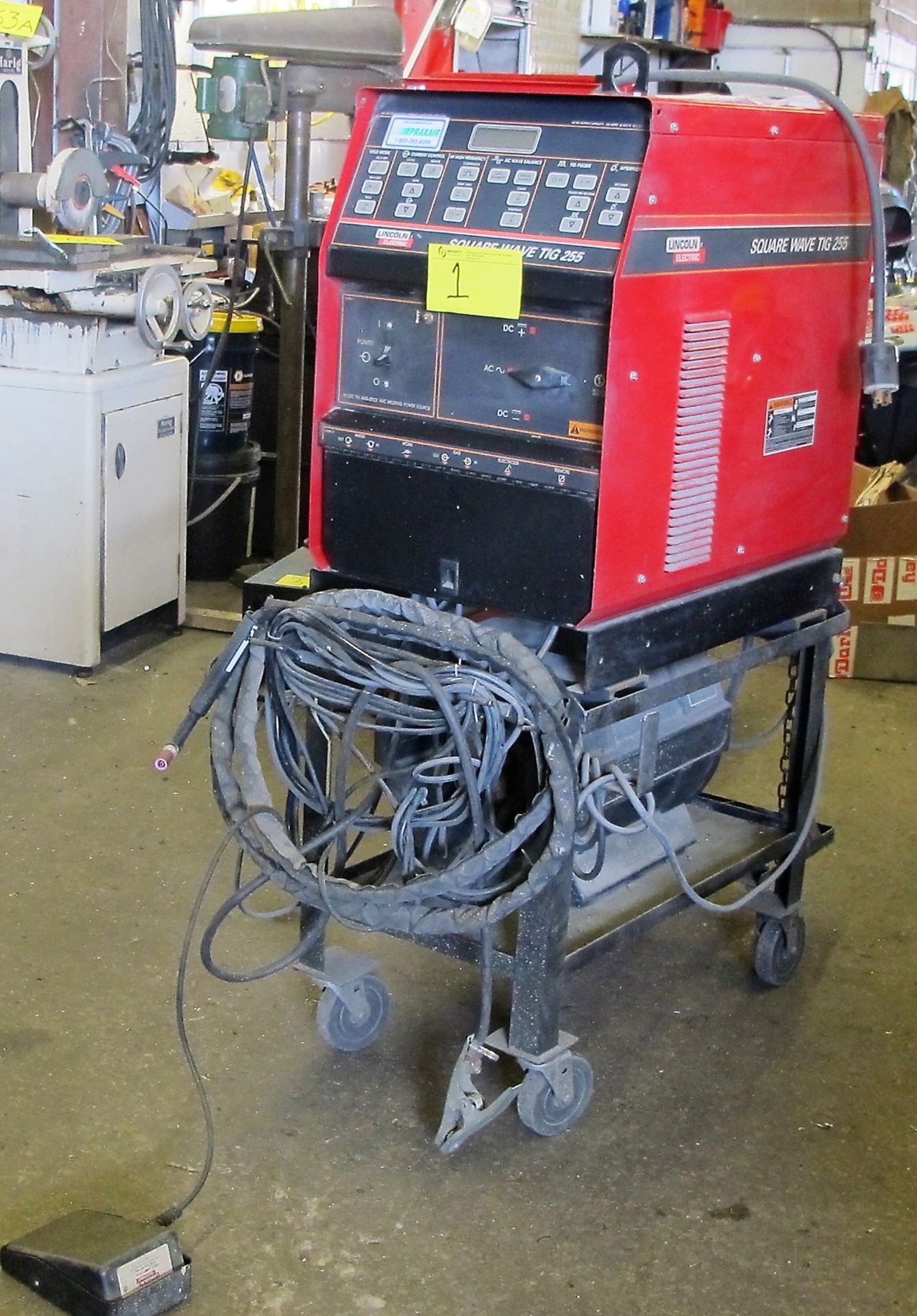 LINCOLN ELECTRIC SQUARE WAVE TIG 255 WELDER W/LA105939 COOLING SYSTEM, CART AND CABLES