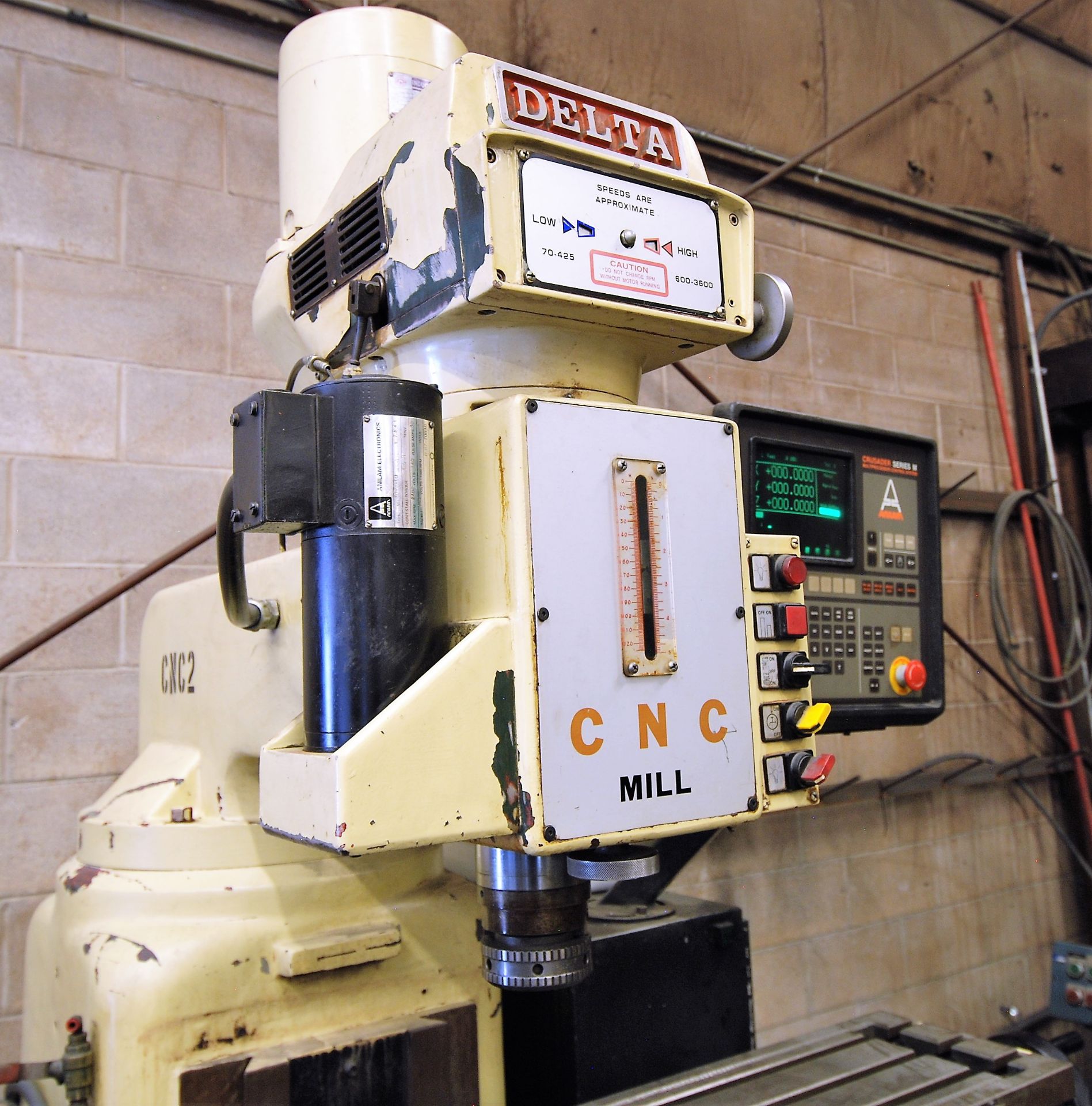 DELTA CNC VERTICAL MILLING MACHINE, ANILAM CRUSADER SERIES M CNC CONTROL, 10” x 52” TABLE, 3,600 - Image 4 of 7