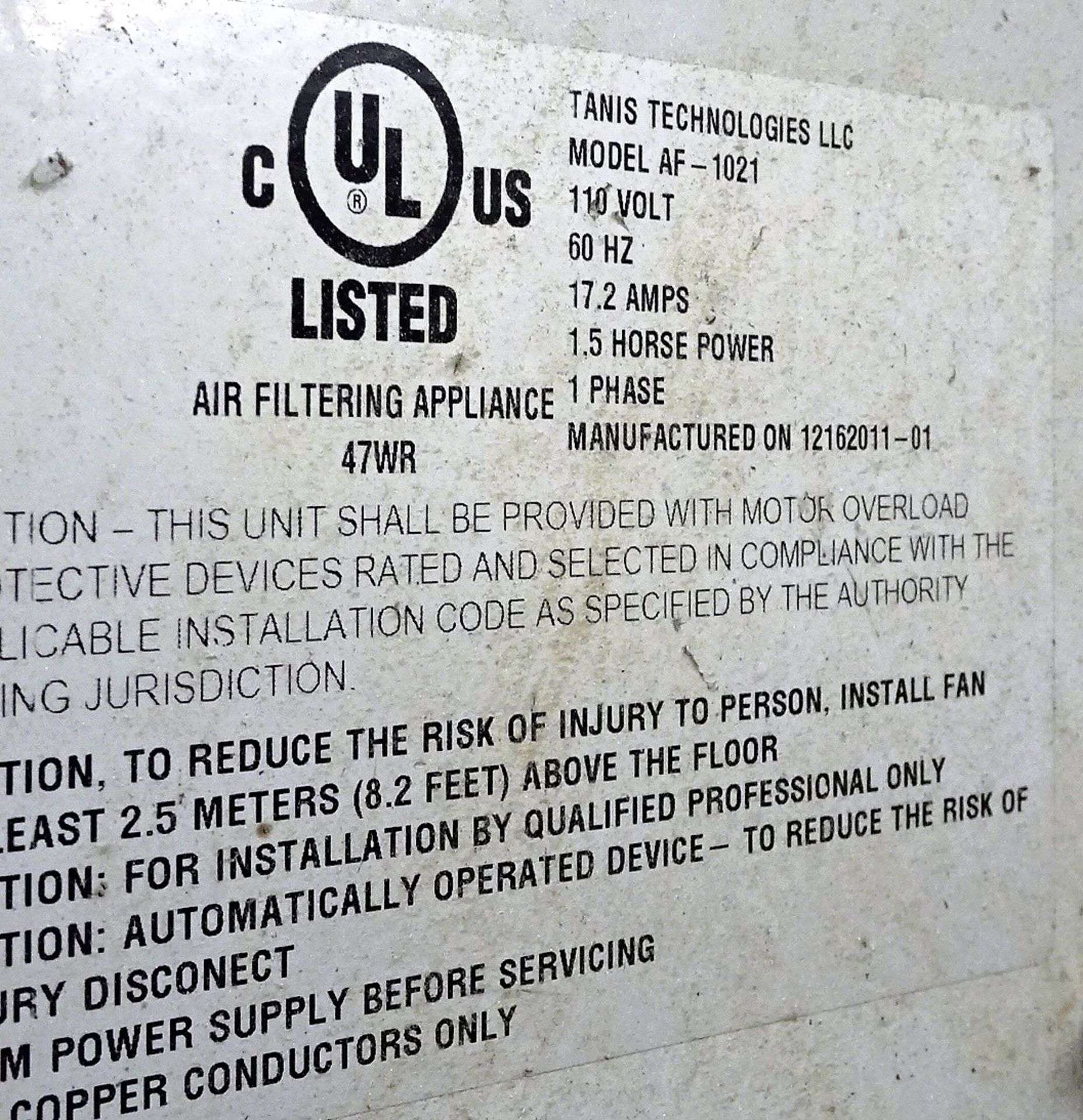 Tanis Tech Model AF-1021 Air Filter System 110 Volts 1.5. 1 Phase, 60 HZ - Image 2 of 4