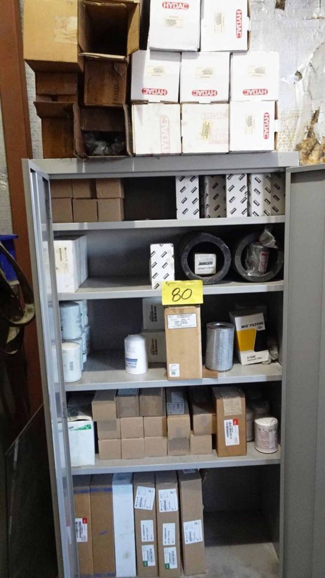 ASSORTED FILTERS, GREASE, NUTS & BOLTS, TWO DOOR CABINET, SECTION PALLET RACKING, FILING CABINET, - Image 6 of 8