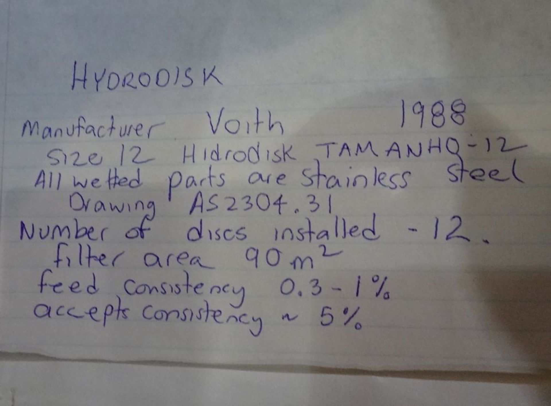 1988 VOITH SIZE 12 HYDRAODISK SYSTEM, TAMANHO-12 ALL WETTED, (12) DISCS, 90 M 2 FILTER AREA, S.S., - Image 4 of 12