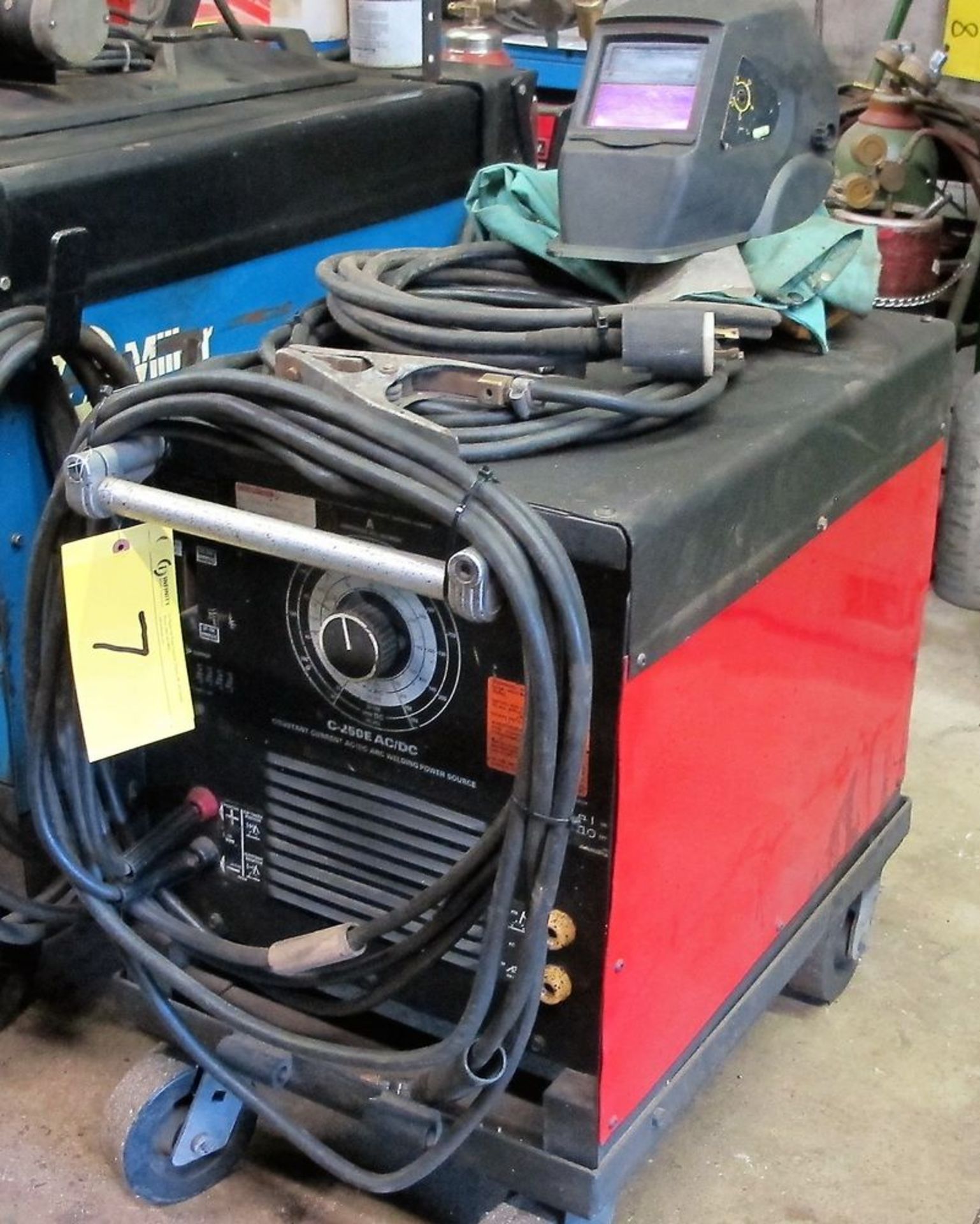 C250E AC/DC MIG WELDER W/ CABLES AND CART, MASK, CLOTHING