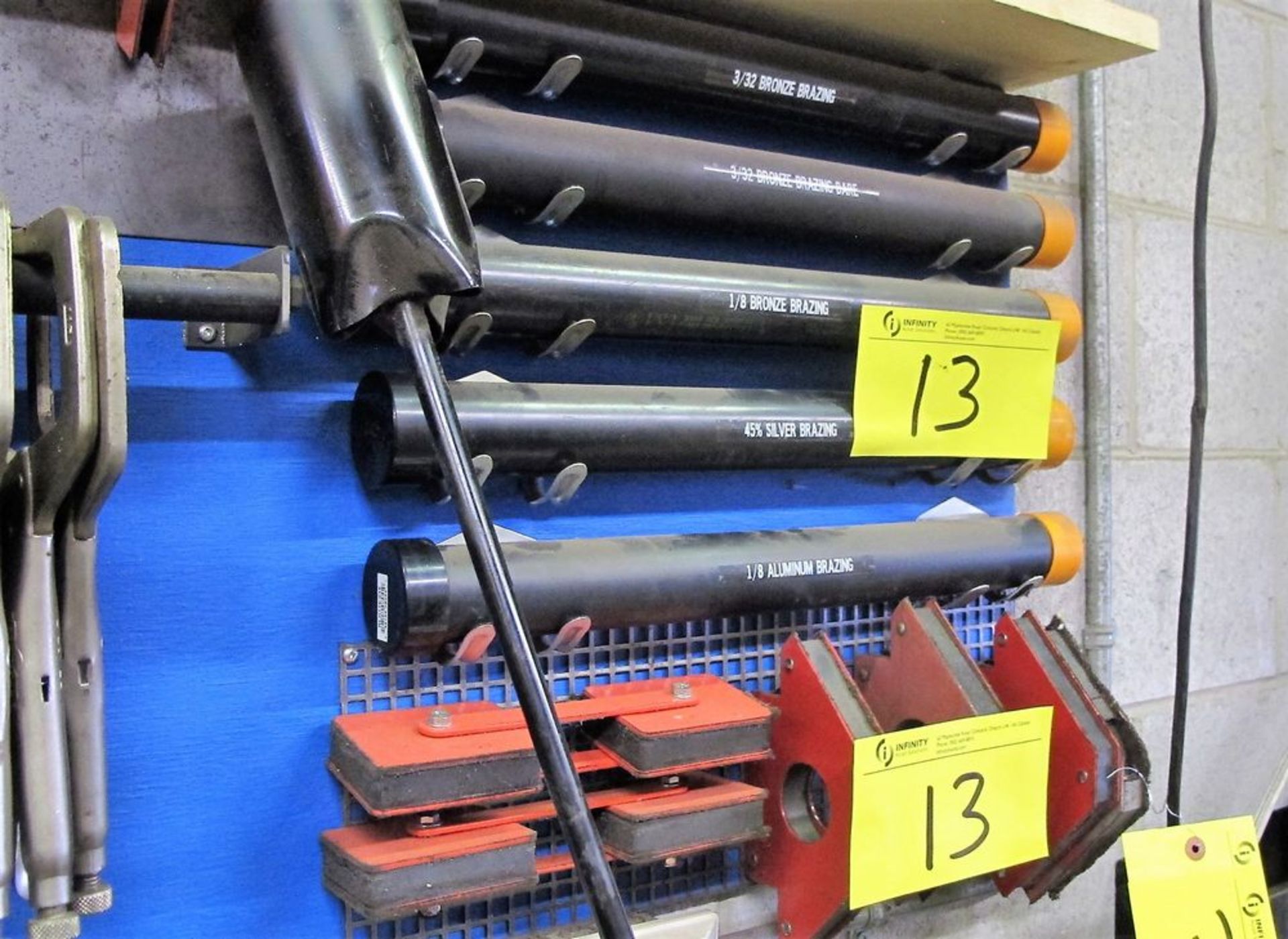 LOT OF (5) STORAGE TABLES W/ ALLOY WIRE STOCK (SILVER, ALUMINUM, BRONZE) AND (18) WELDING MAGNETS