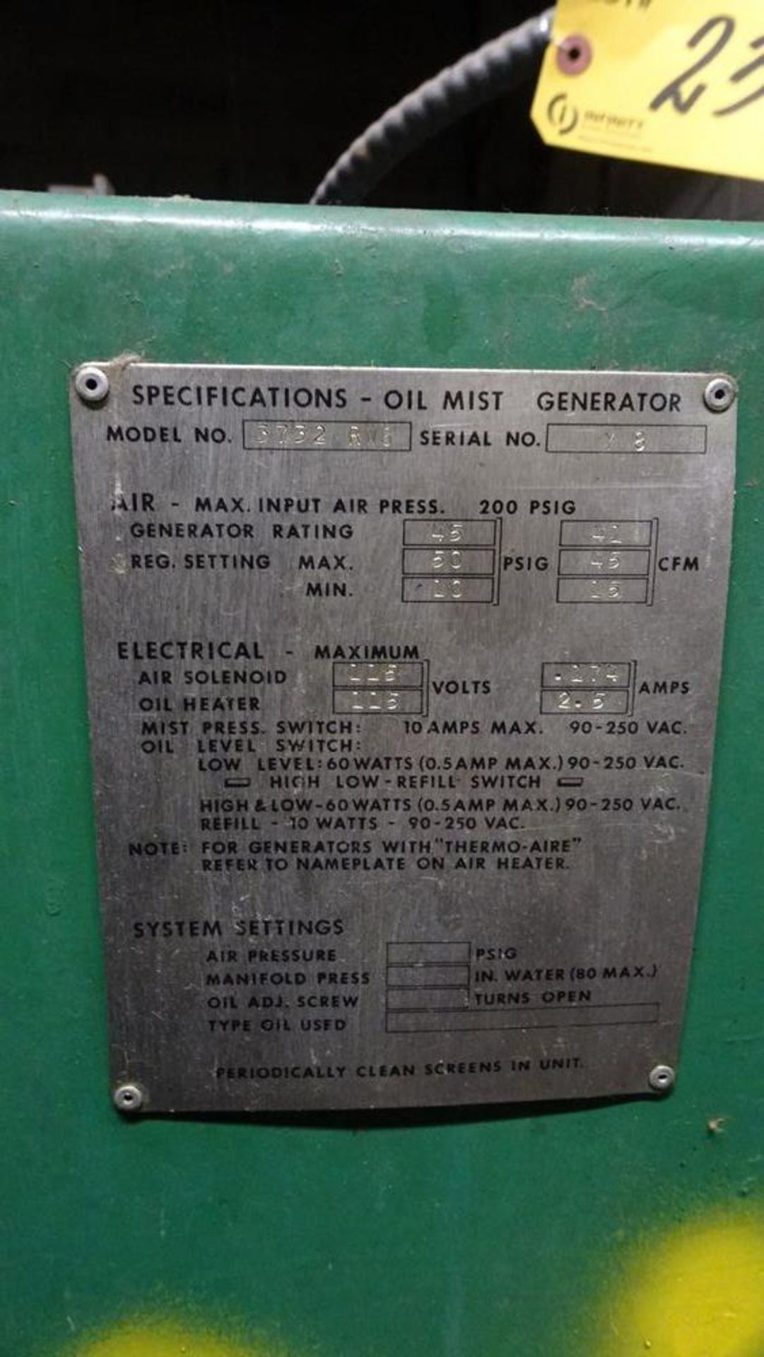 MODEL 3732-RW6 OIL MIST GENERATOR SYSTEM, (4) STATION, S/N Y-8 (SUBJECT TO BULK BID LOT 150) - Image 2 of 2