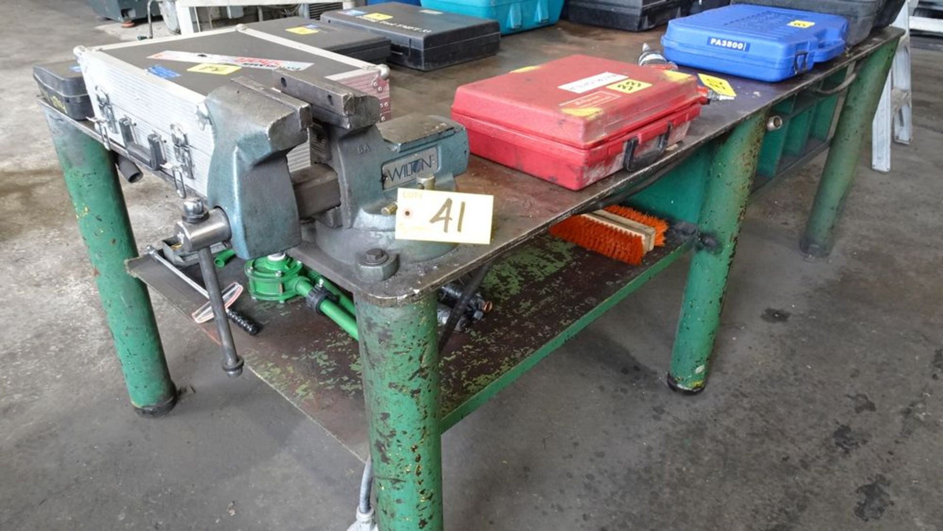 48' X 96" LONG STEEL SHOP TABLE C/W WILTON 6" BENCH VISE (RIGGING FEE $25)