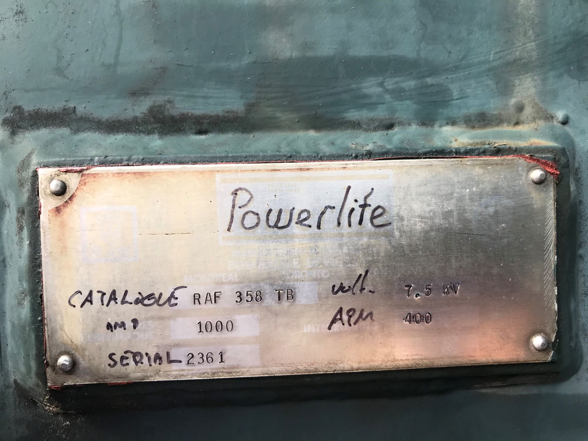 1963 CANADIAN GENERAL ELECTRIC TRANSFORMER, 285014, 58772 250 KVA 2300 VOLTS, POWERLITE RAF 358TV - Image 4 of 7