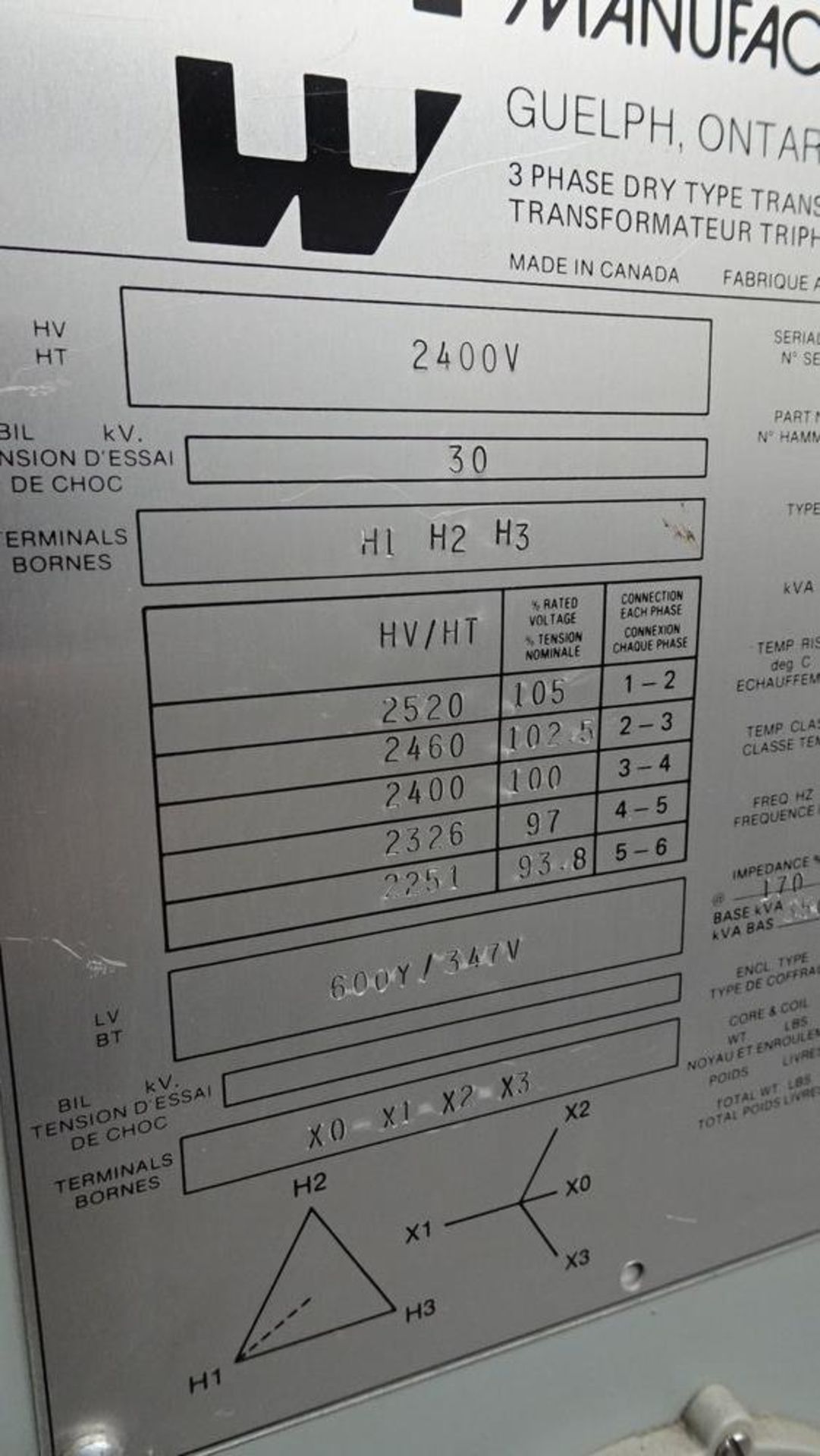 HAMMOND 2400V, 3 PHASE DRY TYPE TRANSFORMER, 3500/4666 KVA, C/W FEDERAL PIONEER 600V, SWITCH, S/N - Image 4 of 9