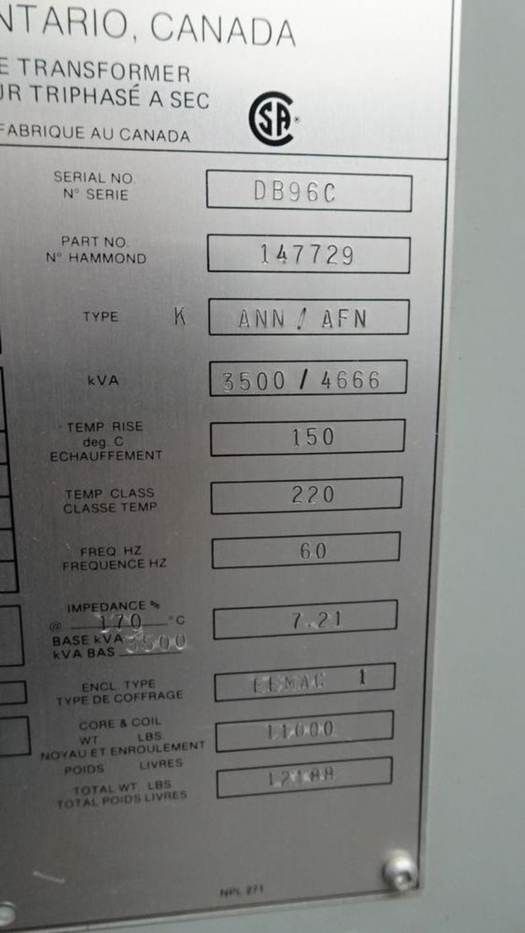 HAMMOND 2400V, 3 PHASE DRY TYPE TRANSFORMER, 3500/4666 KVA, C/W FEDERAL PIONEER 600V, SWITCH, S/N - Image 5 of 9