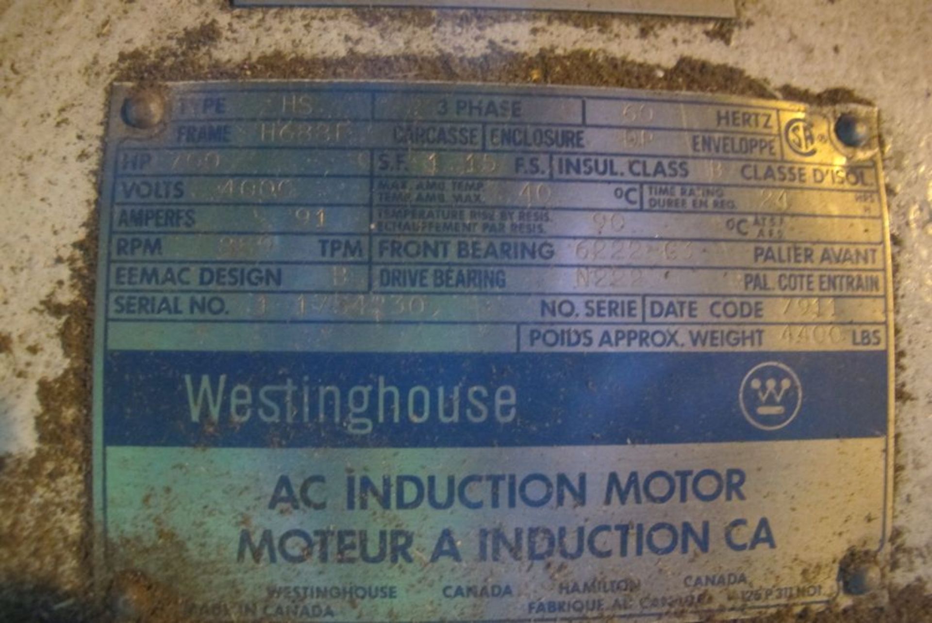 WESTINGHOUSE 400HP MOTOR, 859 RPM, H6881 FRAME, HS, 3 PHASE, 60HZ, 4000V, 4400 LBS (WOOD BLDG 29 - - Image 3 of 3