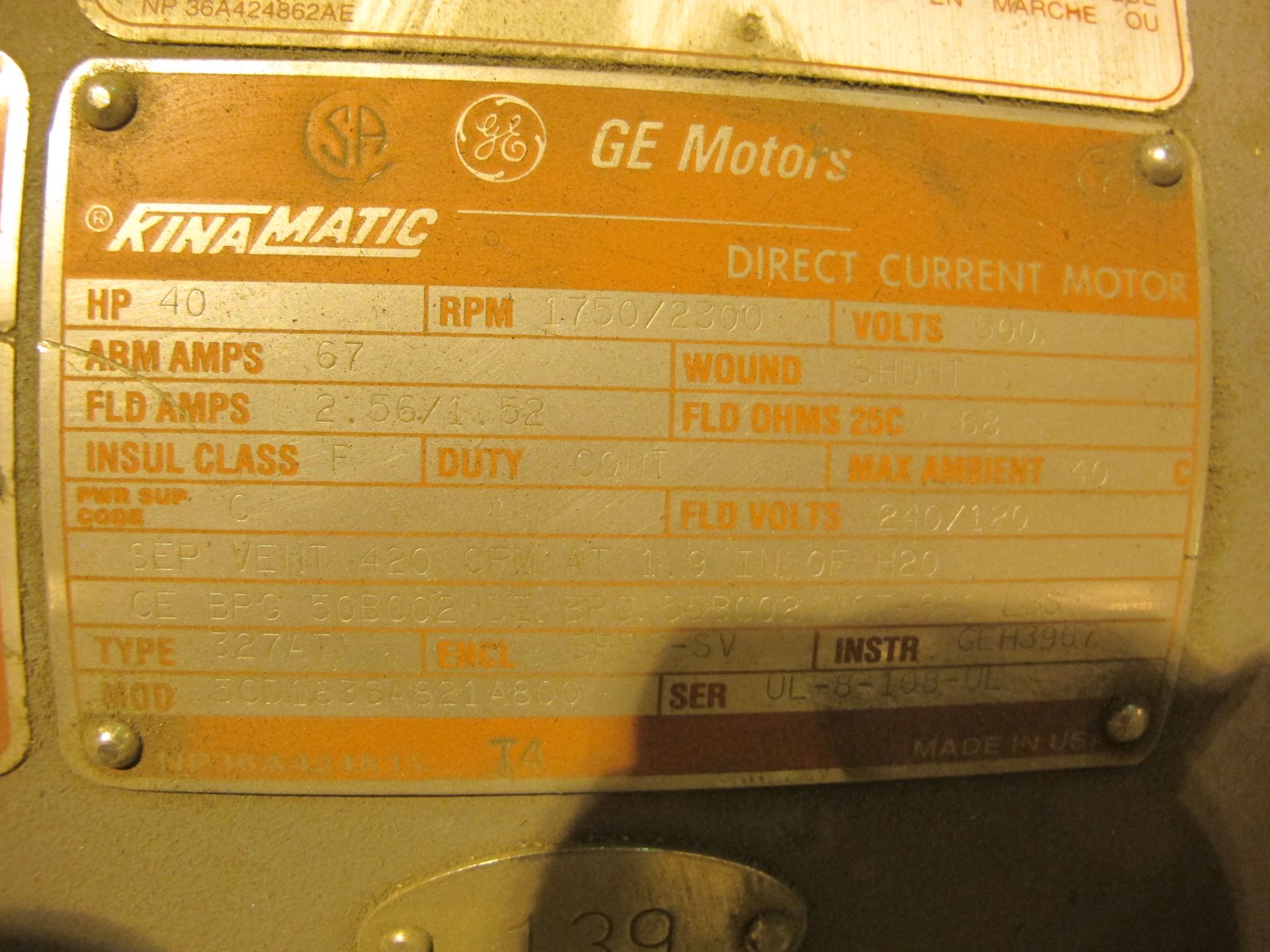 GE 40HP MOTOR, 1,750/2,300 RPM, N/A FRAME, 300V (WHSE 52) - Image 2 of 2