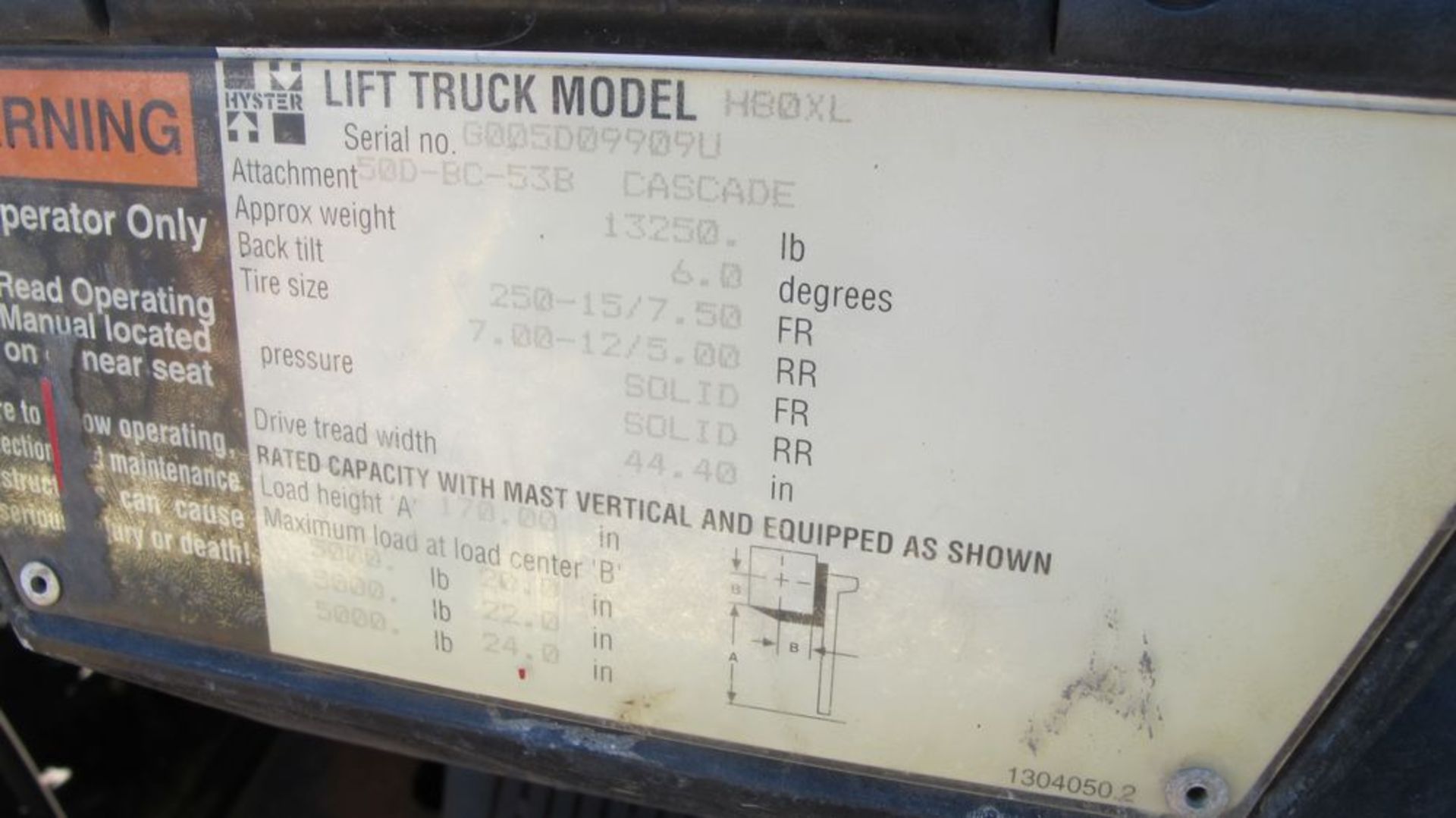 HYSTER H80XL PROPANE FOR TRUCK (NEEDS REPAIR), 5000 LB CAP, 3 STAGE, 170" LIFT, SOLID TIRES, (NO - Image 5 of 7