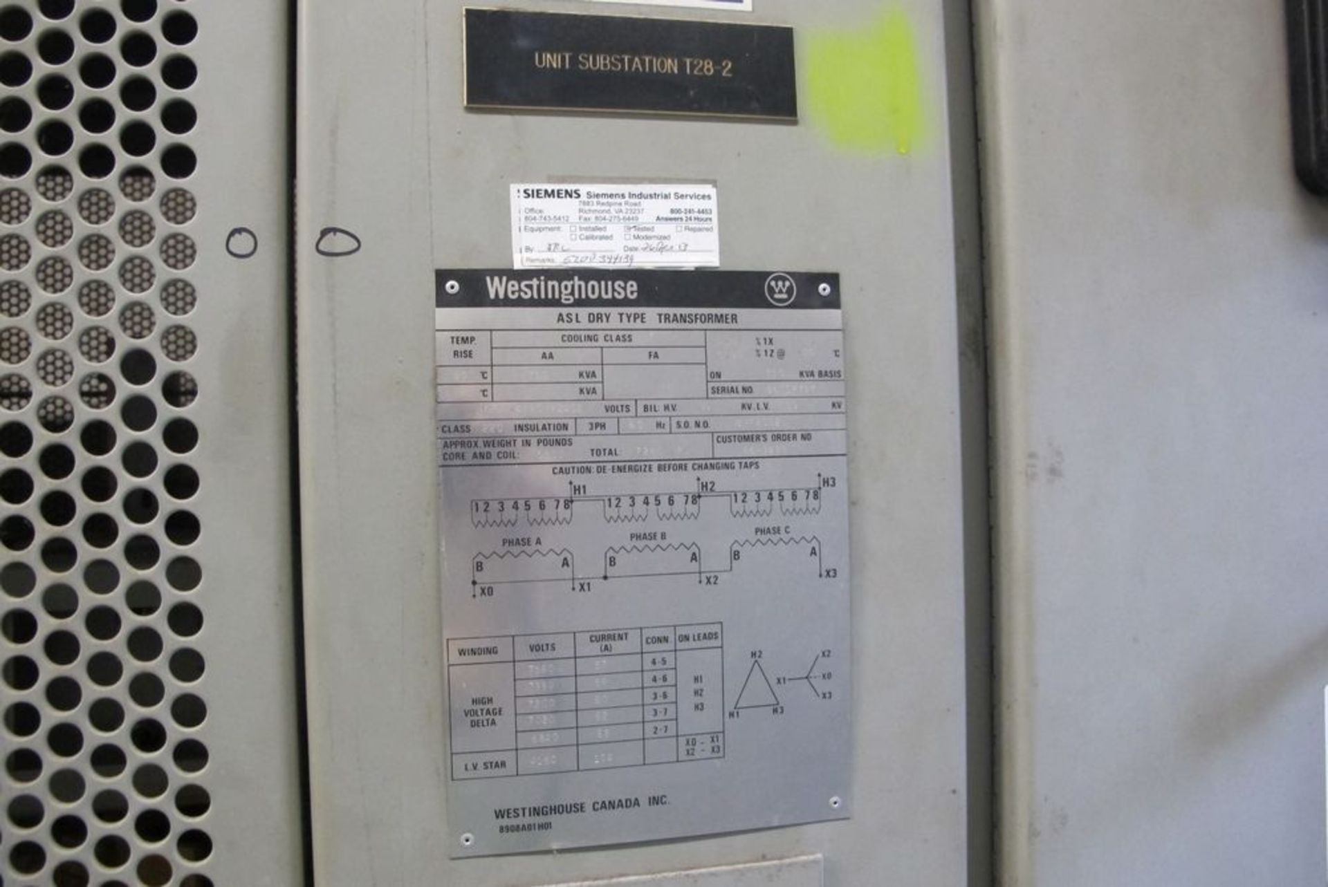 WESTINGHOUSE DRY TYPE TRANSFORMER, 750KVA, 4160V - 7200V, 7260 LBS, T02802 SERIAL (POSSIBLE LATE - Image 5 of 6