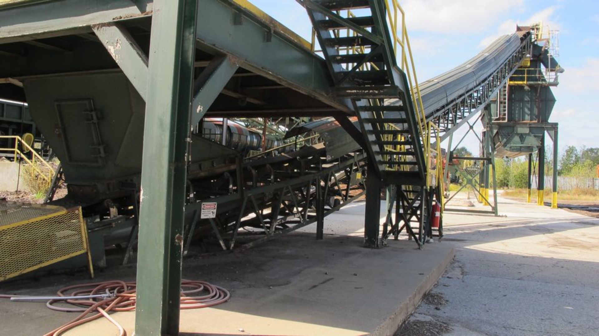 APPROX 100'L INCLINE TROUGH RUBBER BELT (41"W) CONVEYOR W/MOTOR/DRIVE AND ELECTRICAL CABLES DUCT