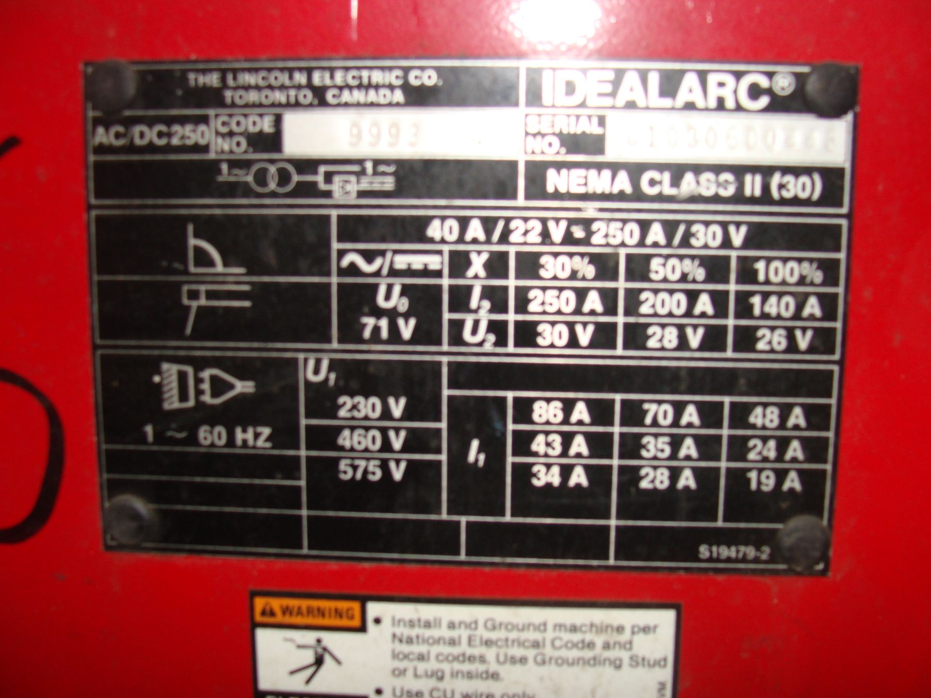 LINCOLN ELECTRIC IDEALARC 250 STICK WELDER, S/N 01030600 - Image 2 of 2