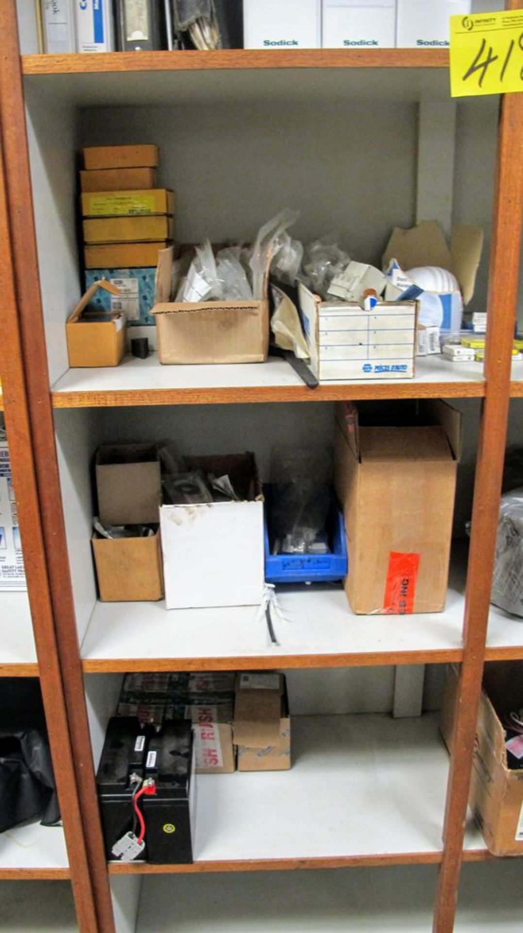 CONTENTS OF PLANT MANAGER'S OFFICE, FIRST AID SUPPLIES, FUSES, BATTERIES, MOTOR, SHELVES, DESKS, - Image 2 of 6