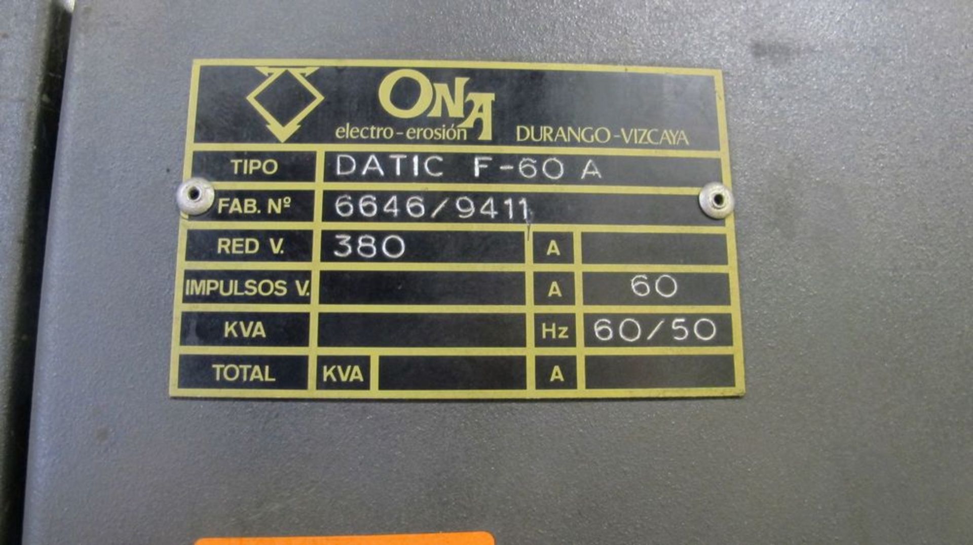 ONA Datic D-360-F Sinker EDM, Datic F60 Control, 16” x 24” Table, s/n 6646/9411 w/ Setup Clamps - Image 9 of 12