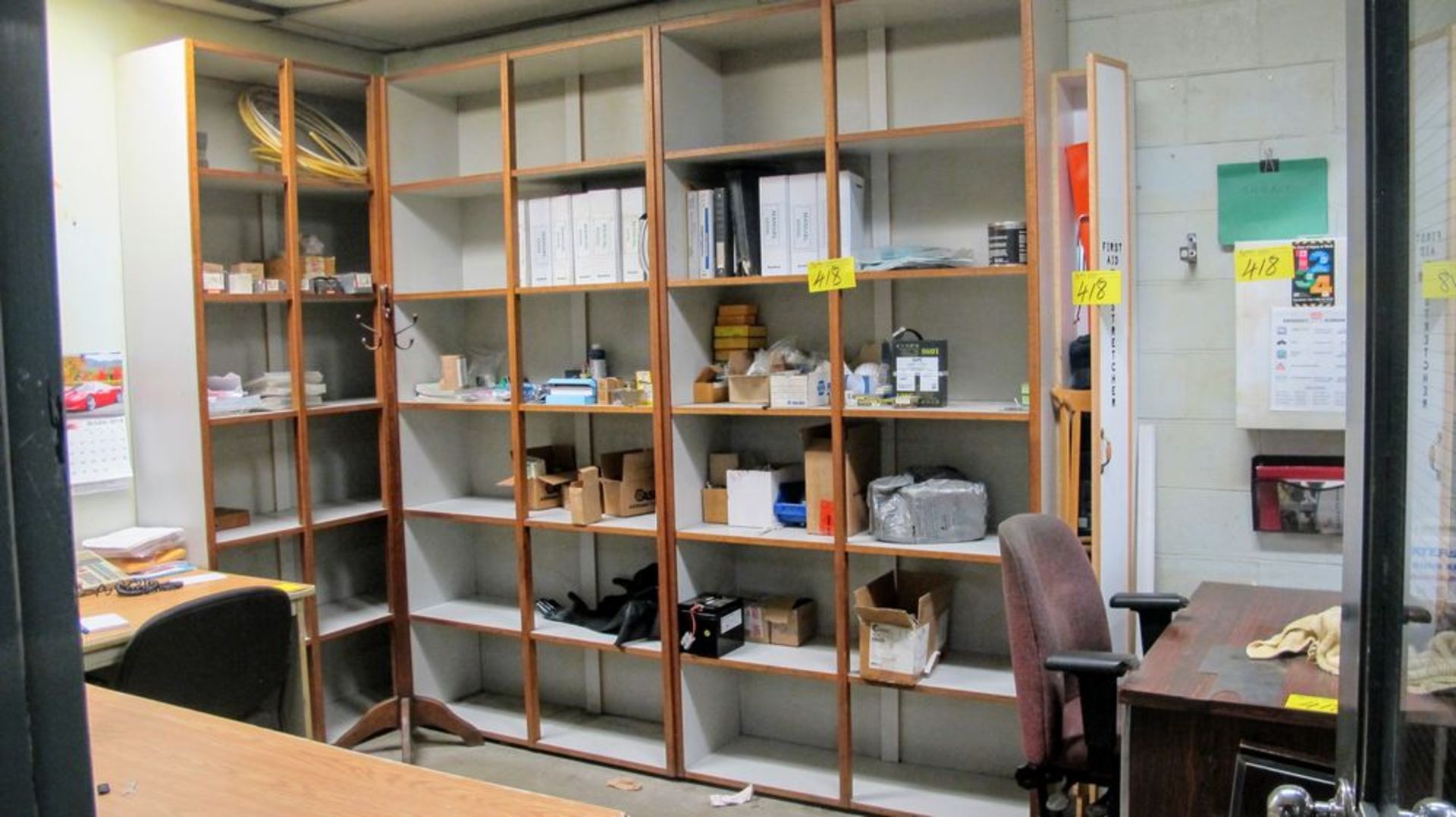 CONTENTS OF PLANT MANAGER'S OFFICE, FIRST AID SUPPLIES, FUSES, BATTERIES, MOTOR, SHELVES, DESKS,