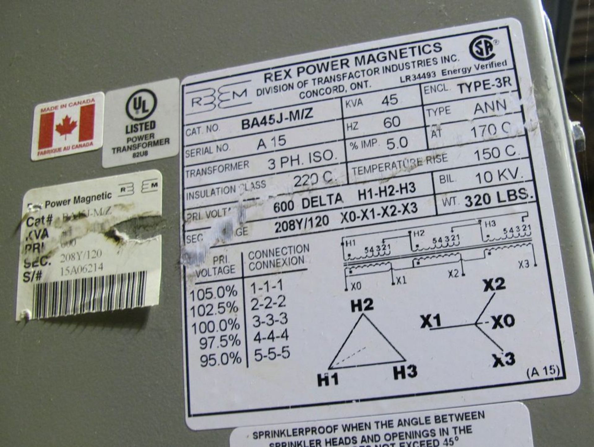 REX POWER MAGNETIC TRANSFORMER, 45KVA, 600V PRIMARY, 208/110 SECONDARY - Image 2 of 2