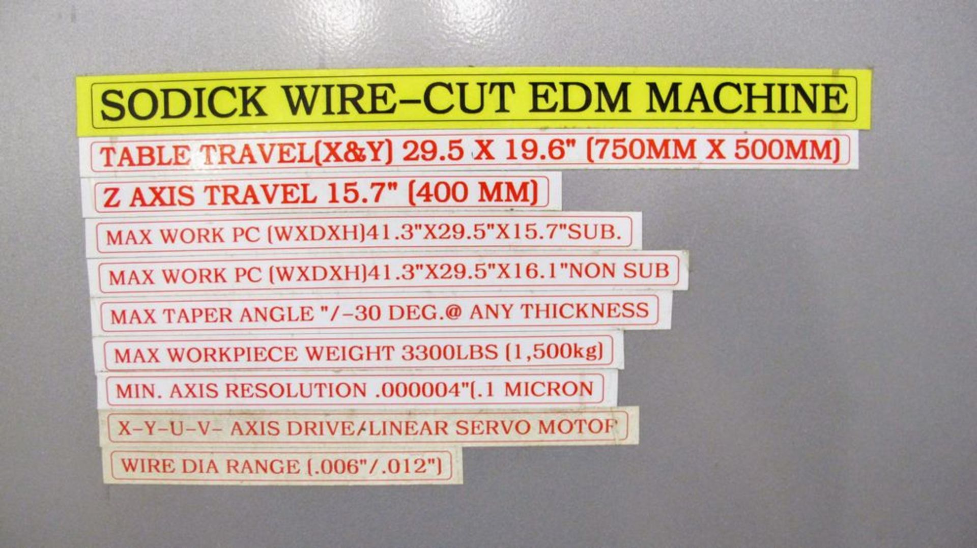 2002 SODICK AQ750L Wire EDM, LN1W Control, s/n 9058, Travels: X-29.5”, Y-19.6”, Z-15.7”, 3,300lb Max - Image 13 of 14