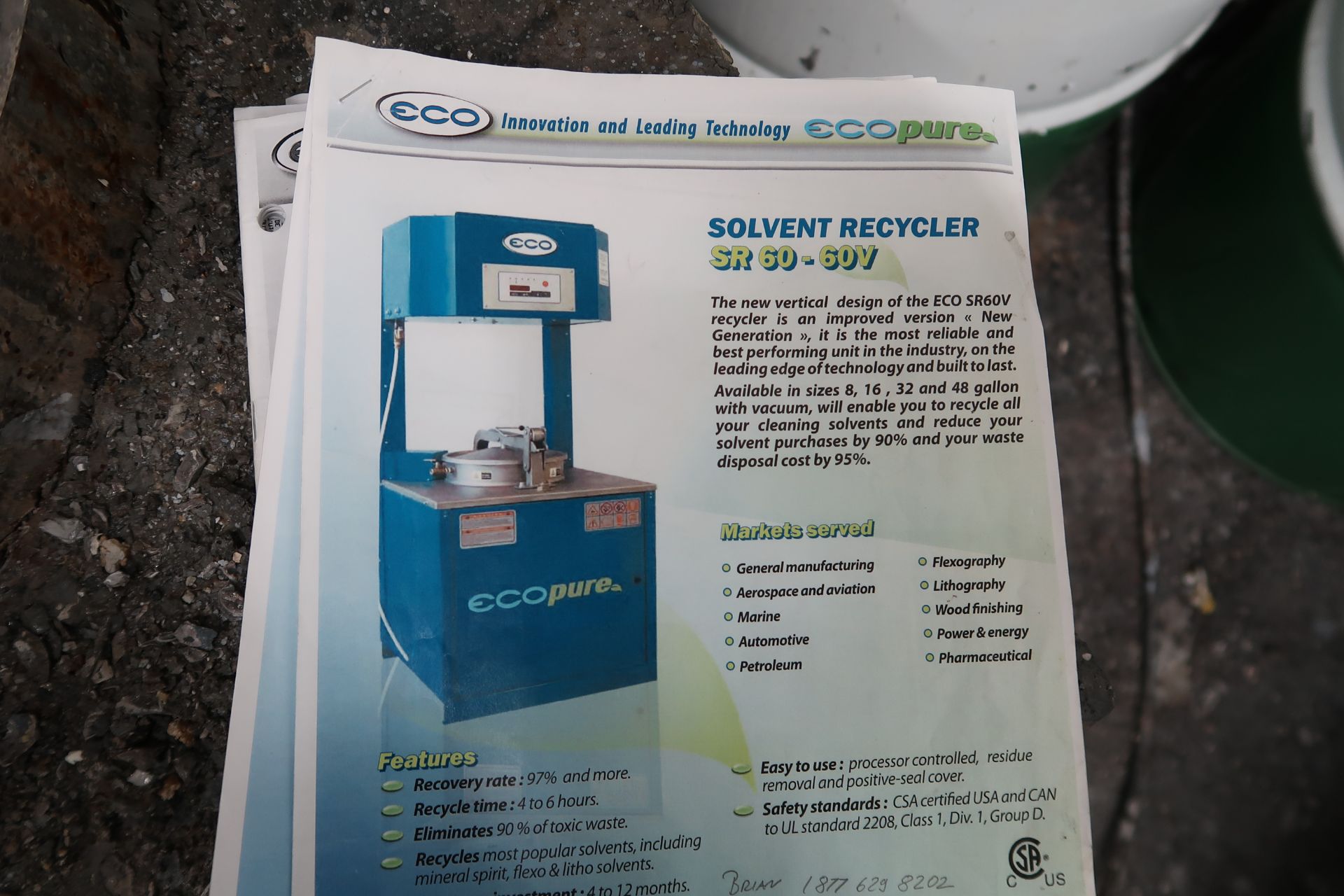 2012 ECO PURE SR-60V 16GAL SOLVENT RECYCLER W/VACUUM TANK - Image 2 of 2