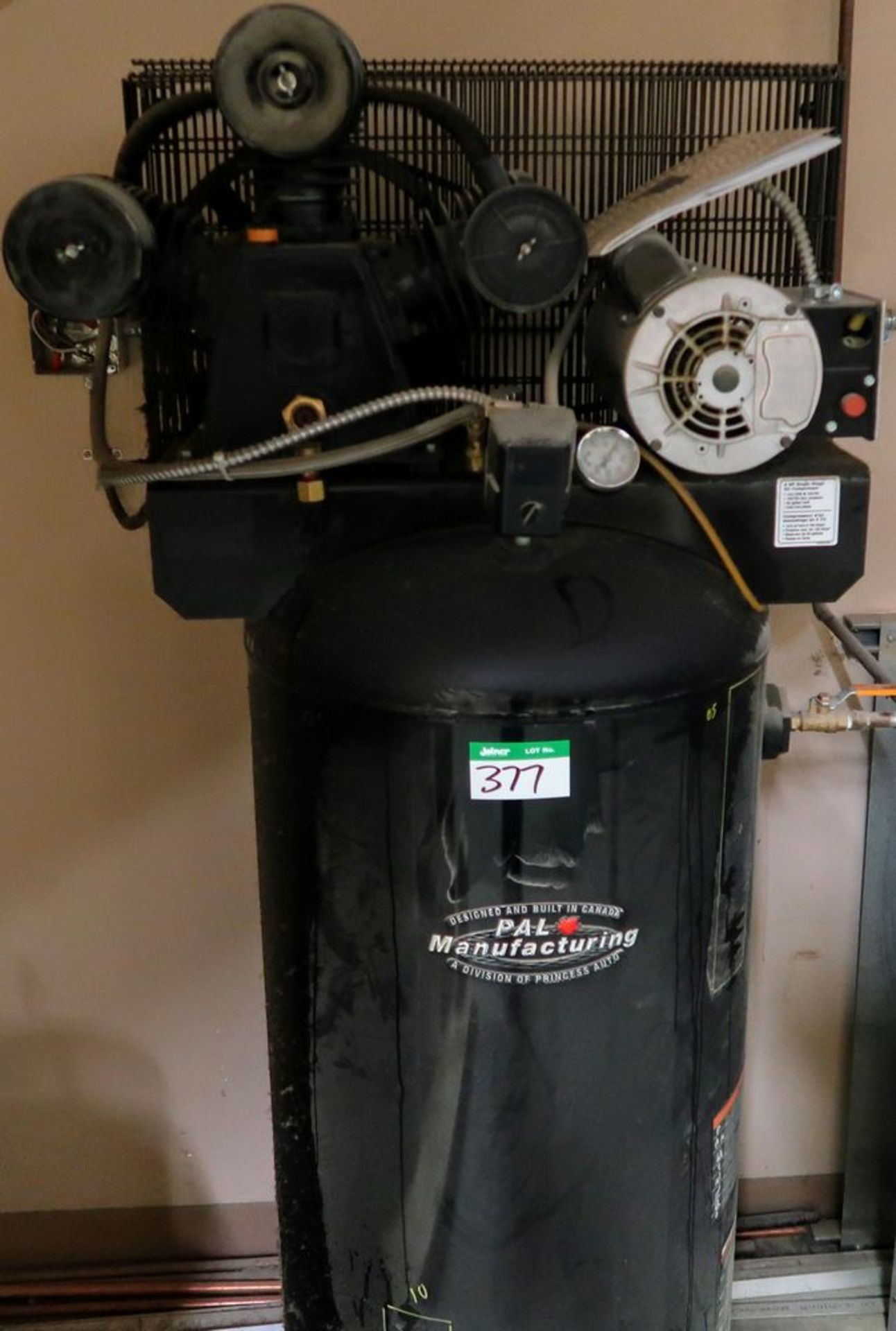 PAL 5HP/1PH UPRIGHT AIR COMPRESSOR *SALE MOVES TO AREA NEXT TO DOUCET CLAMP CARRIER*