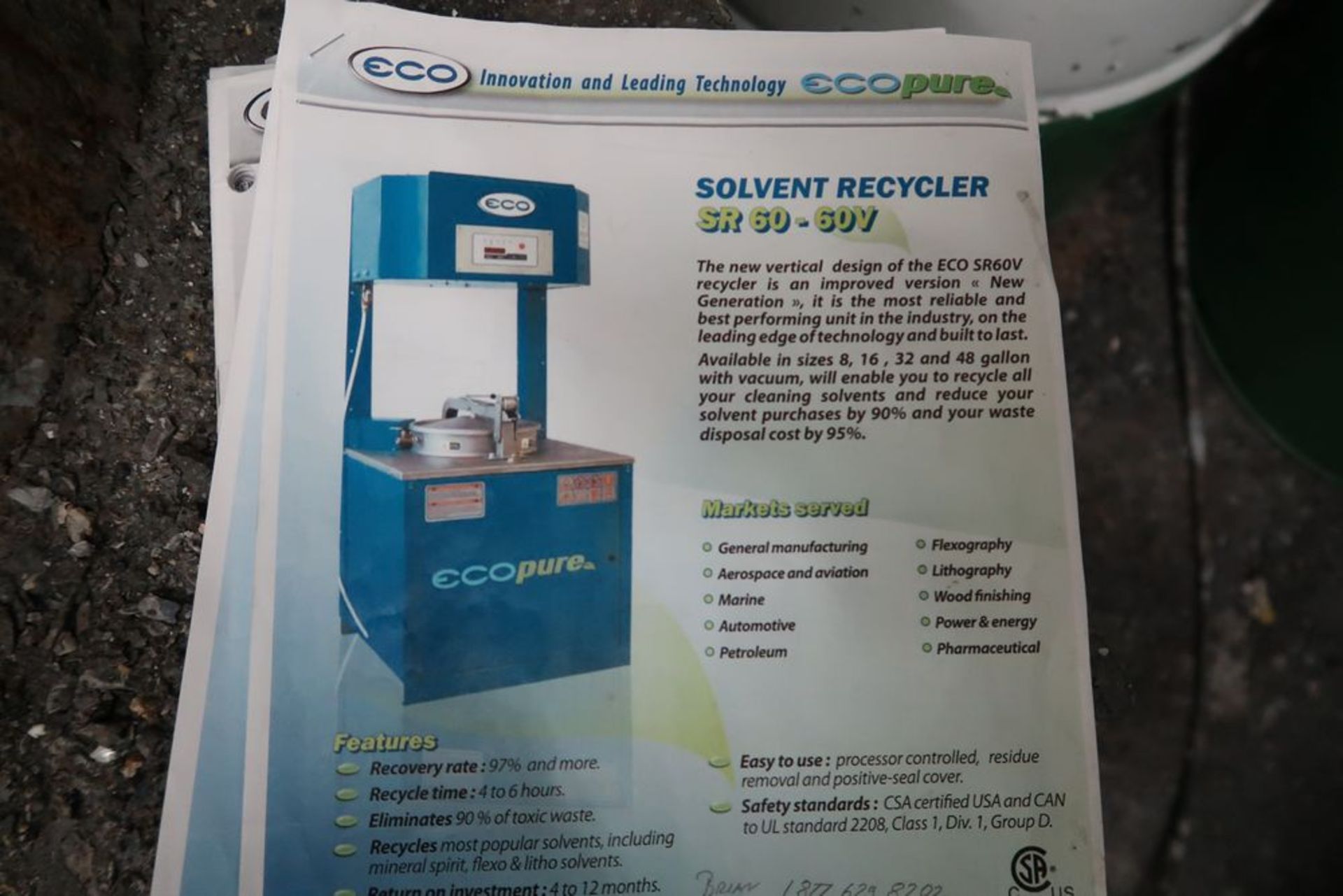 2012 ECO PURE SR-60V 16GAL SOLVENT RECYCLER W/VACUUM TANK - Image 2 of 2