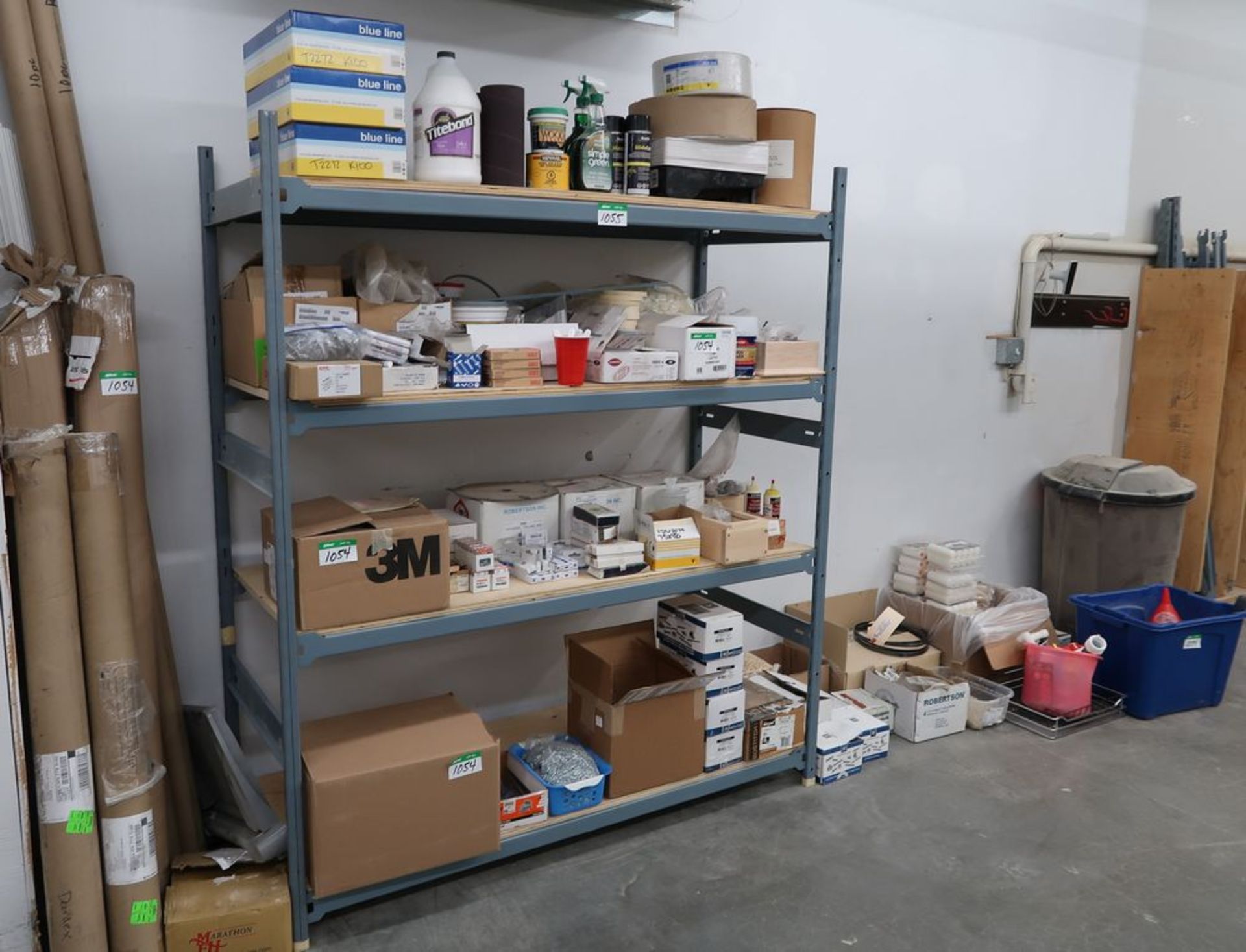 LOT ASST'D - ROLLS IN CORNER, CONTENTS OF SHELF UNIT, ITEMS ON FLOOR, GARBAGE CAN