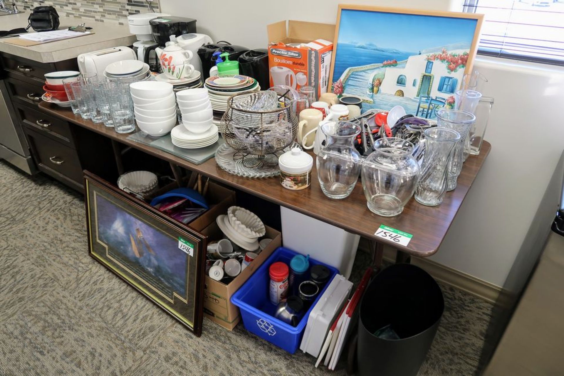 LOT OF ASST'D KITCHEN DISHWARE W/FOLDING TABLE